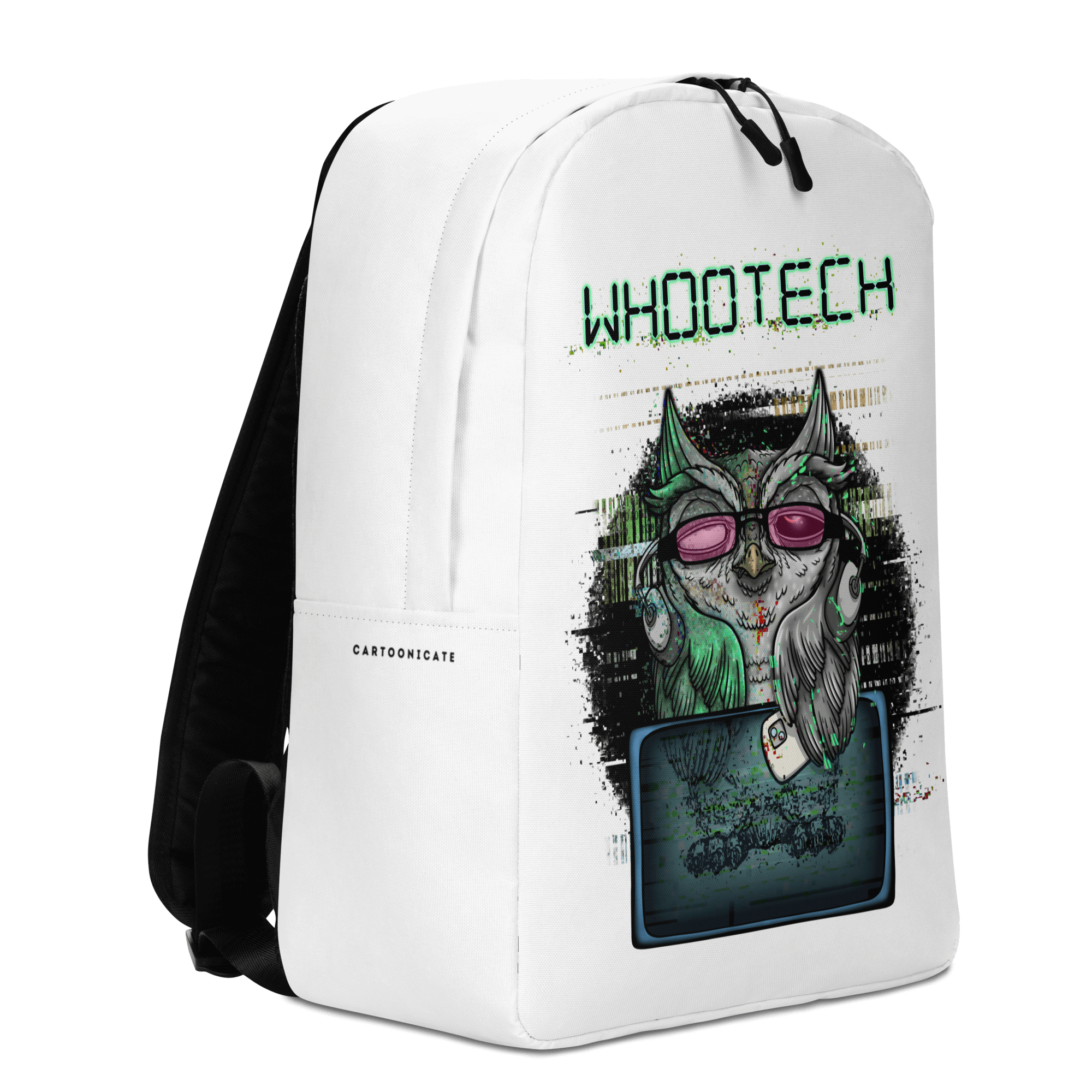 funny cartoon of an owl listening to music on white backpack