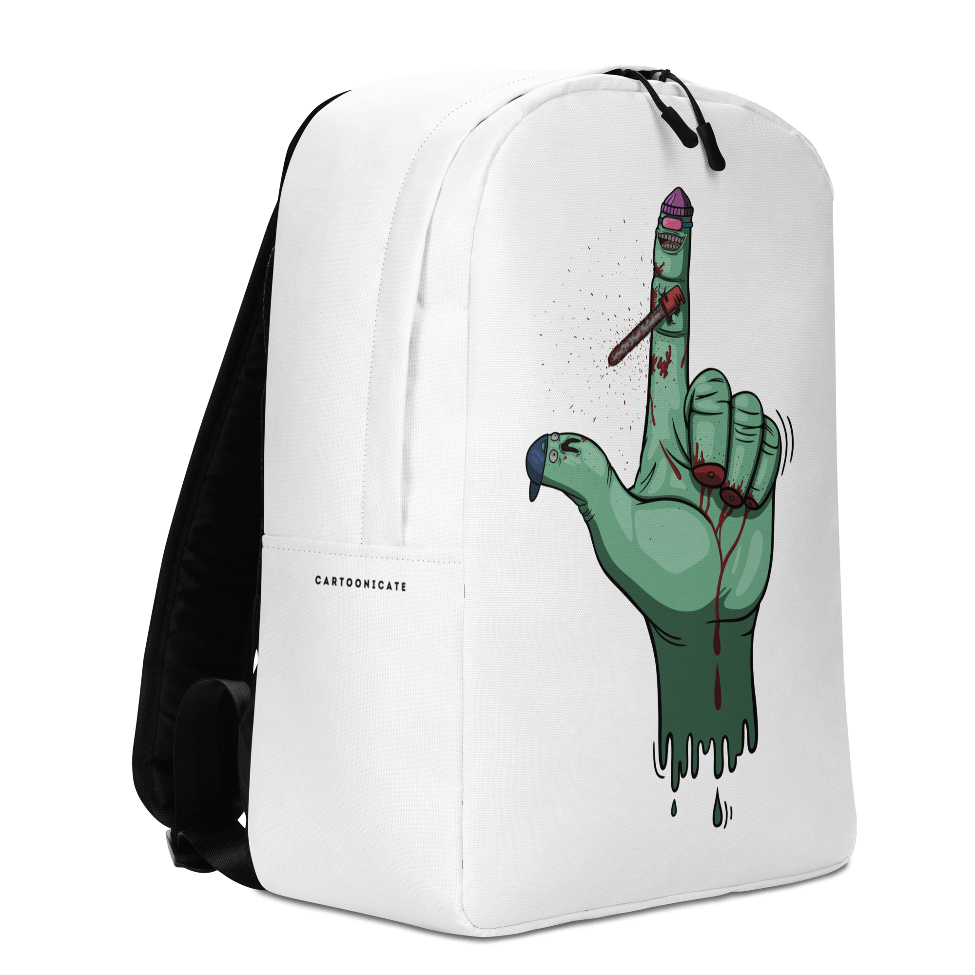 Crazy index finger on a green hand white backpack