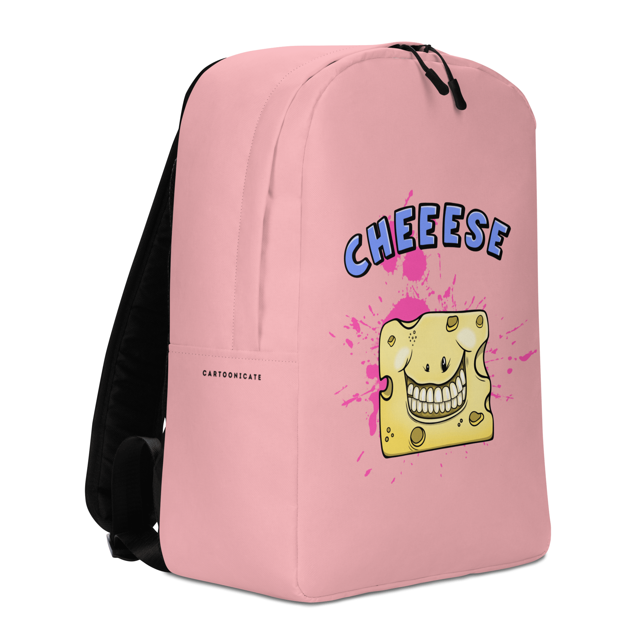 Happy smiling cartoon cheese on pink backpack