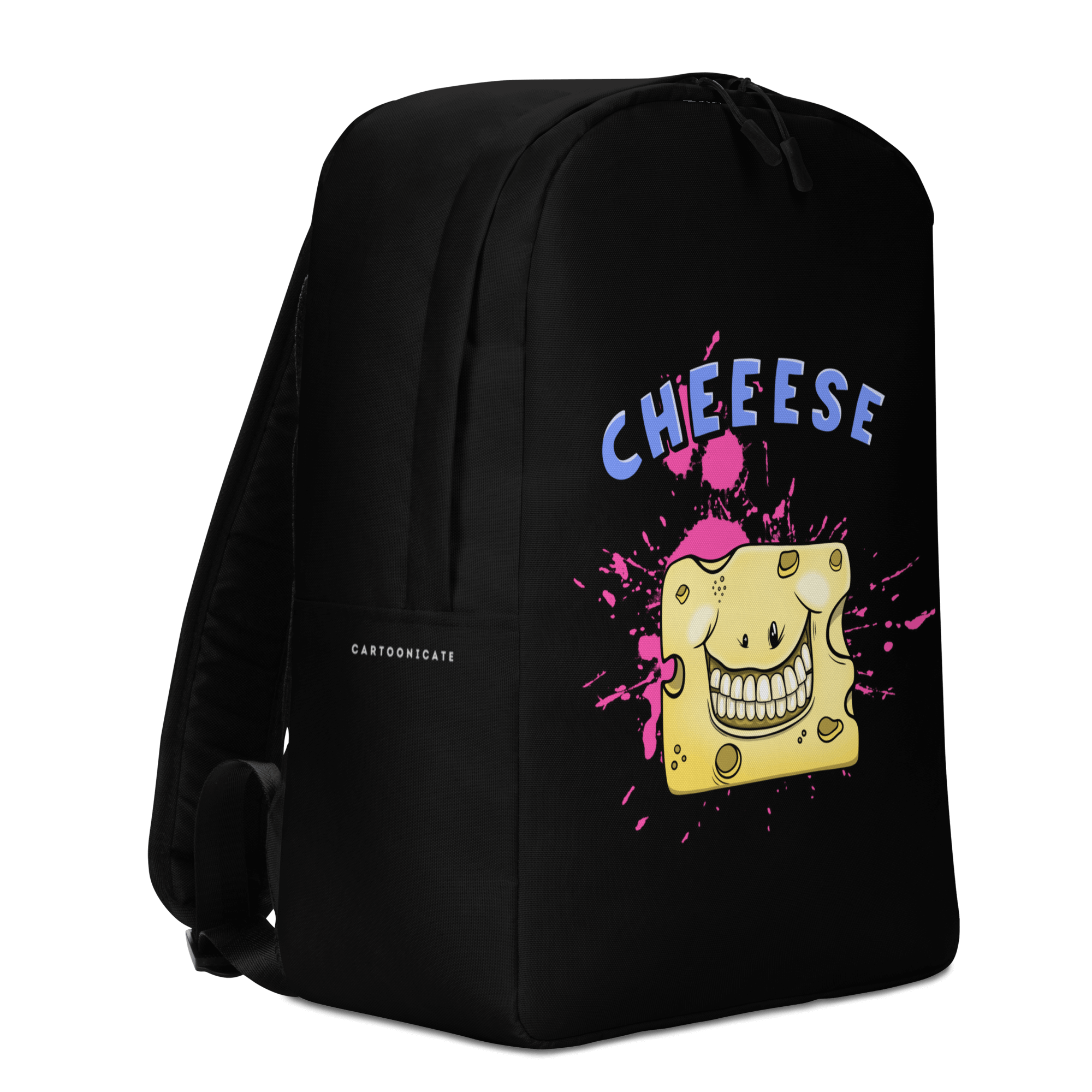 Happy smiling cartoon cheese on black backpack