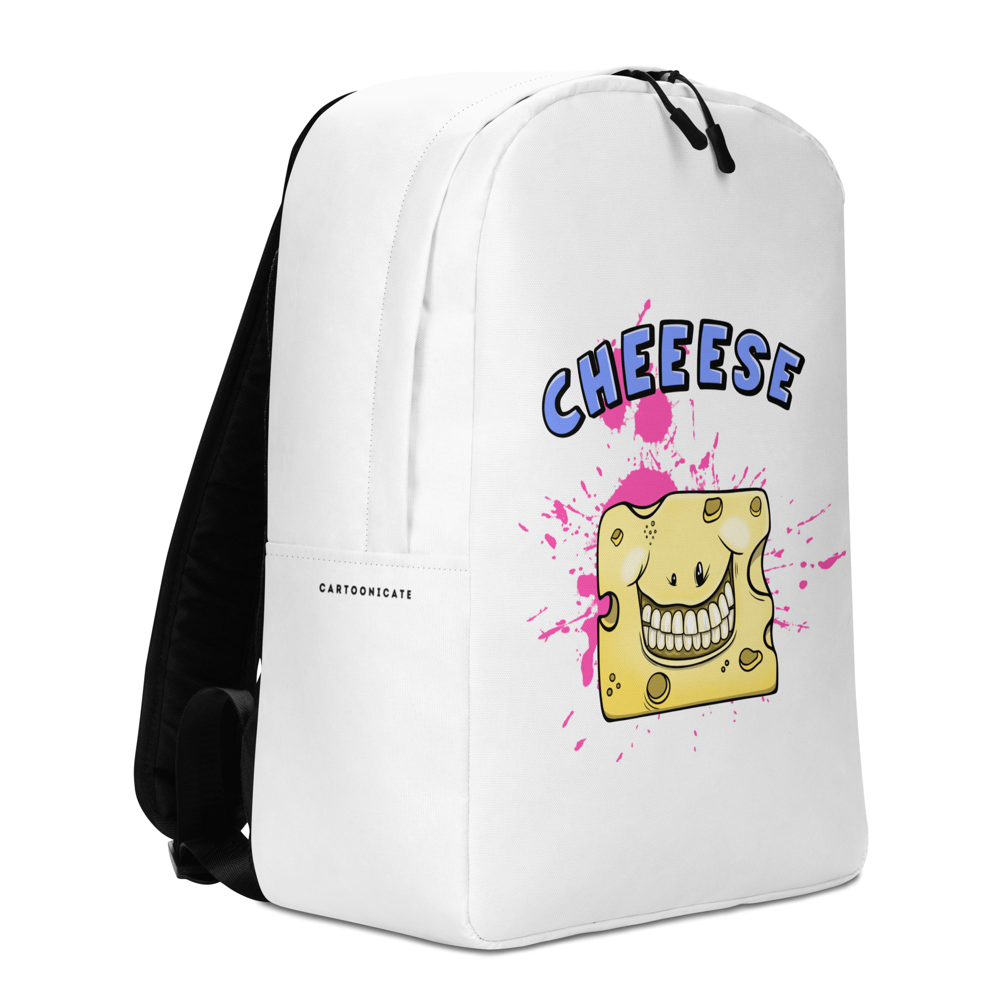 Happy smiling cartoon cheese on white backpack