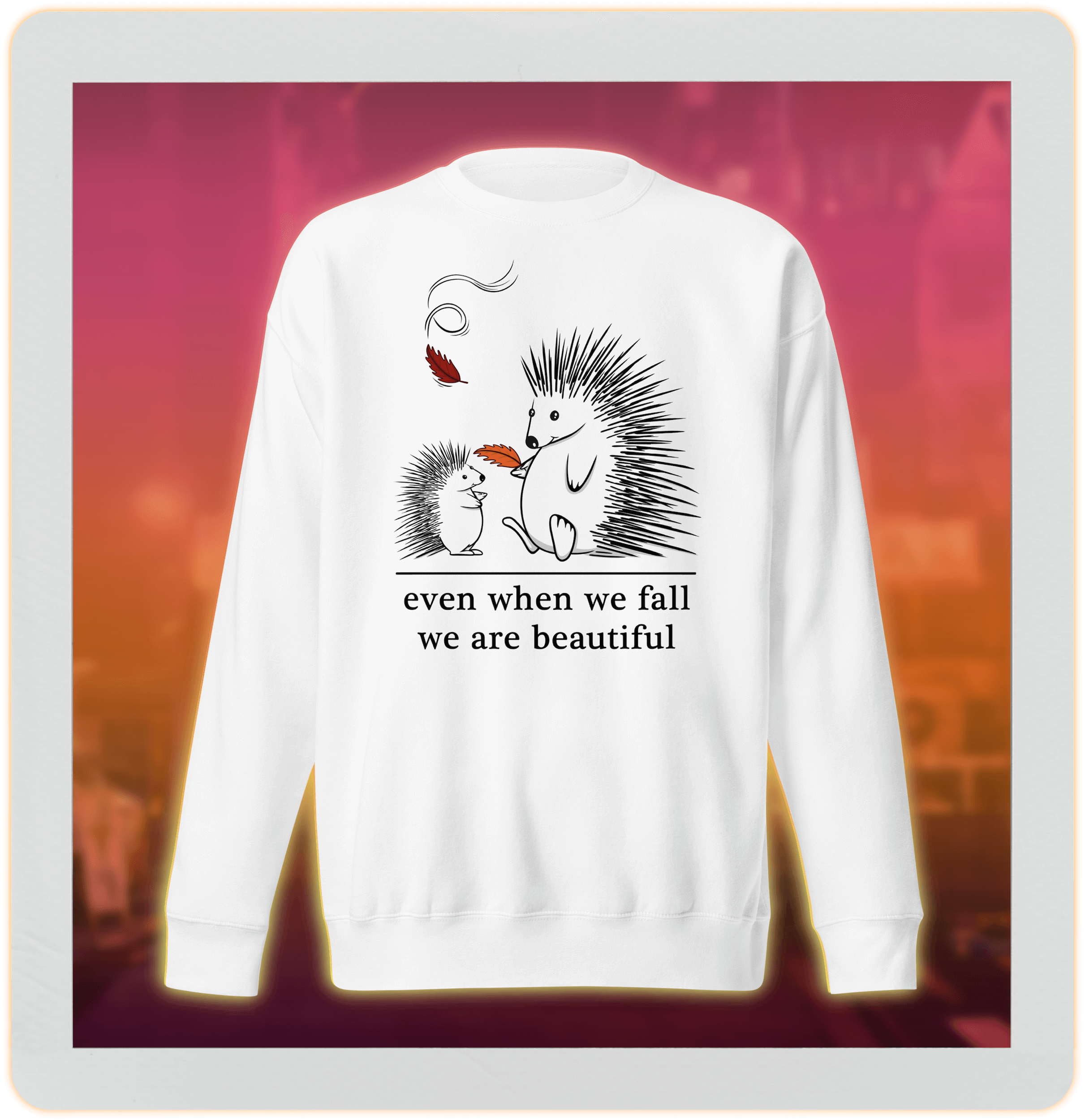 Cute cartoon hedgehog drawing on white sweater