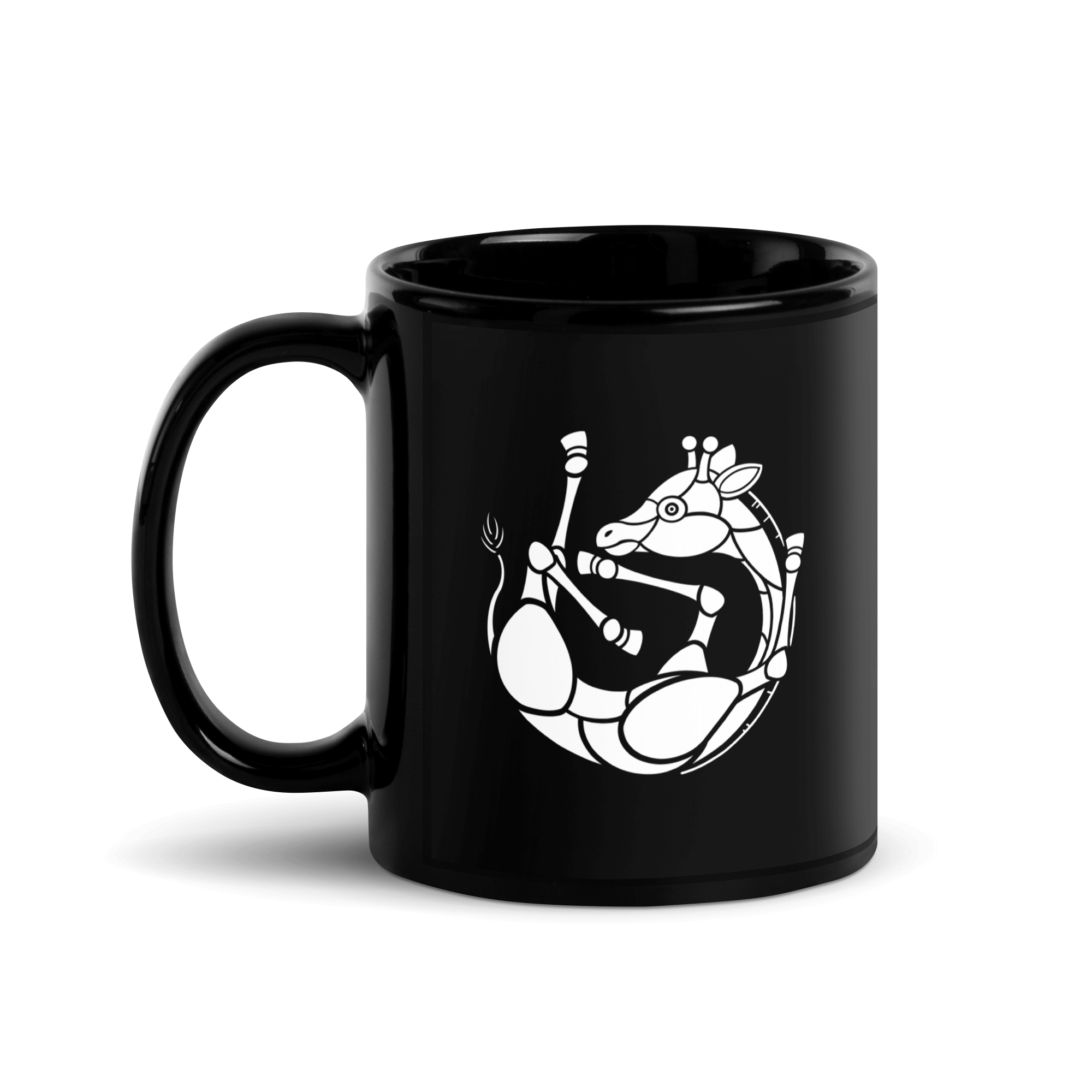 Black mug with white cartoon baby giraffe