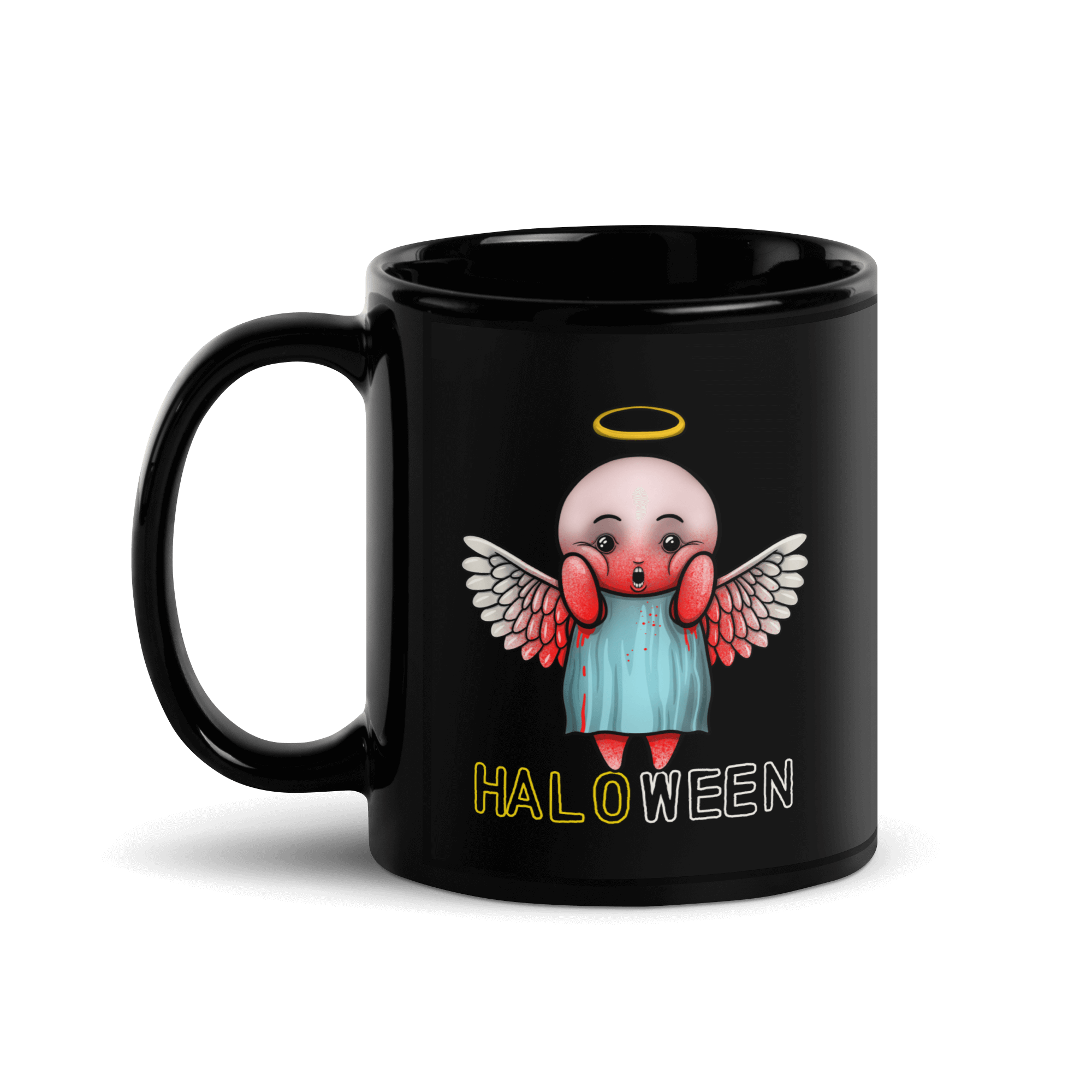 Bloody angel halloween design on black ceramic mug