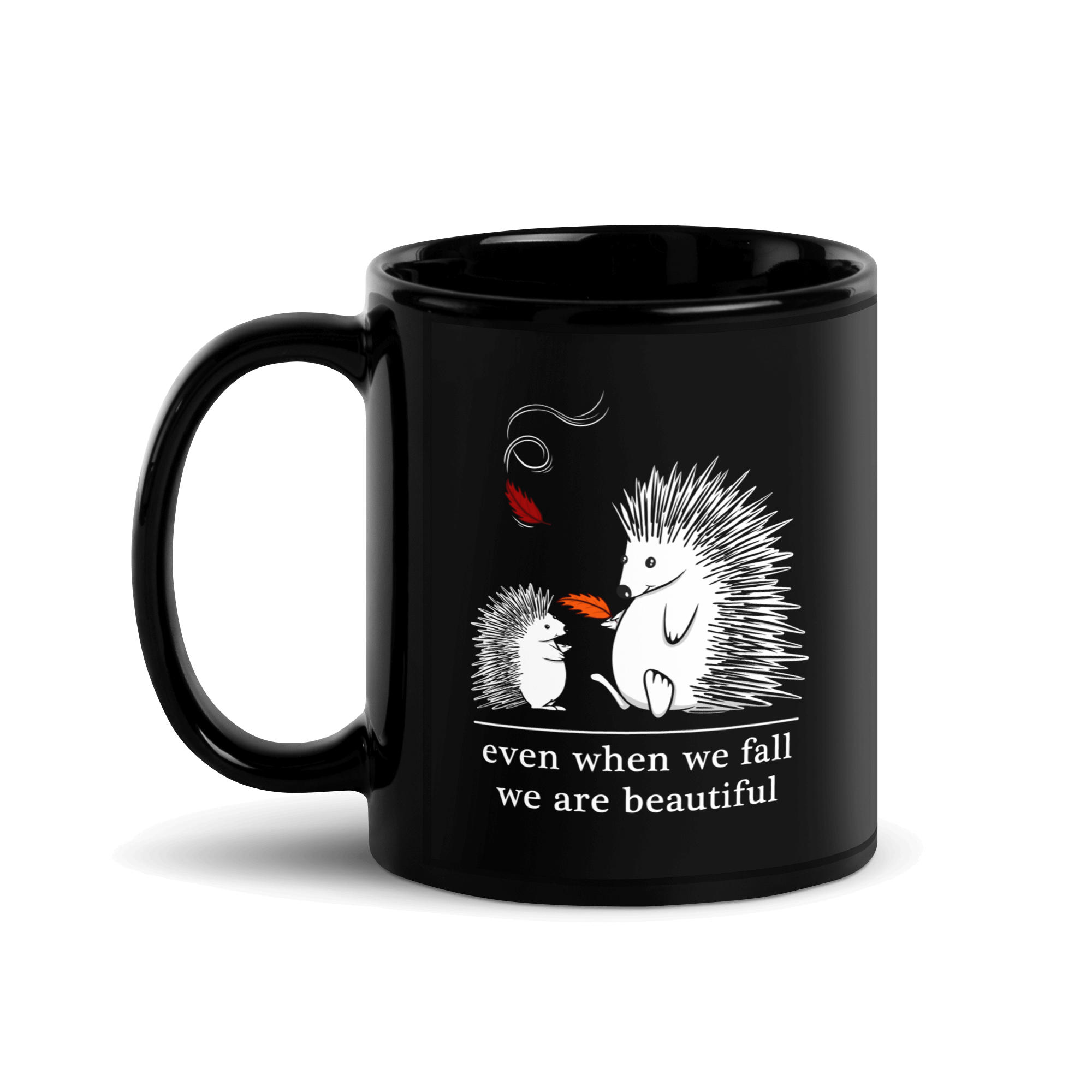 Cute cartoon hedgehog drawing on black ceramic cup