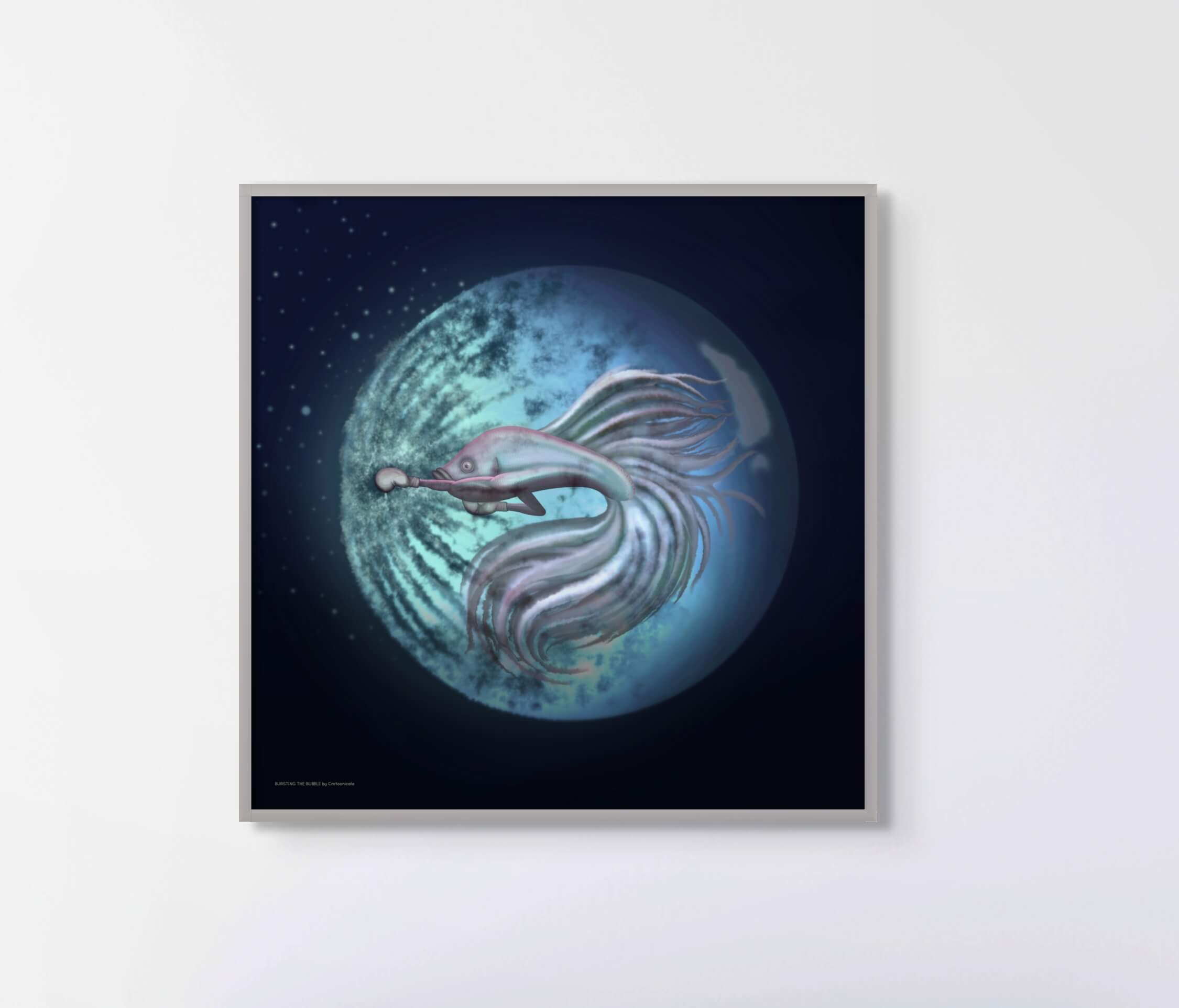 fine art illustration of a cool blue fighting fish and a bubble underwater