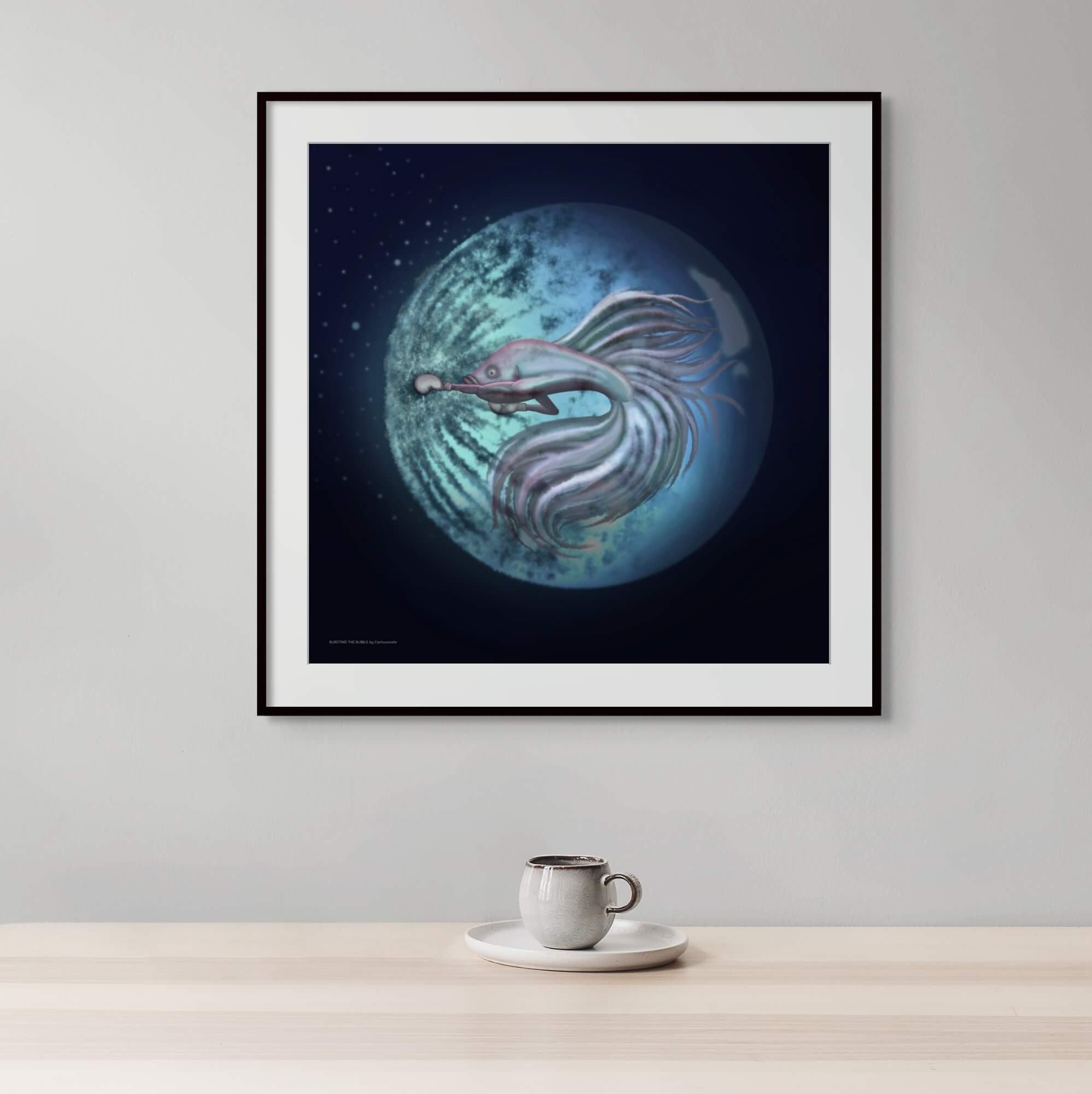 fine art illustration of a cool blue fighting fish and a bubble underwater