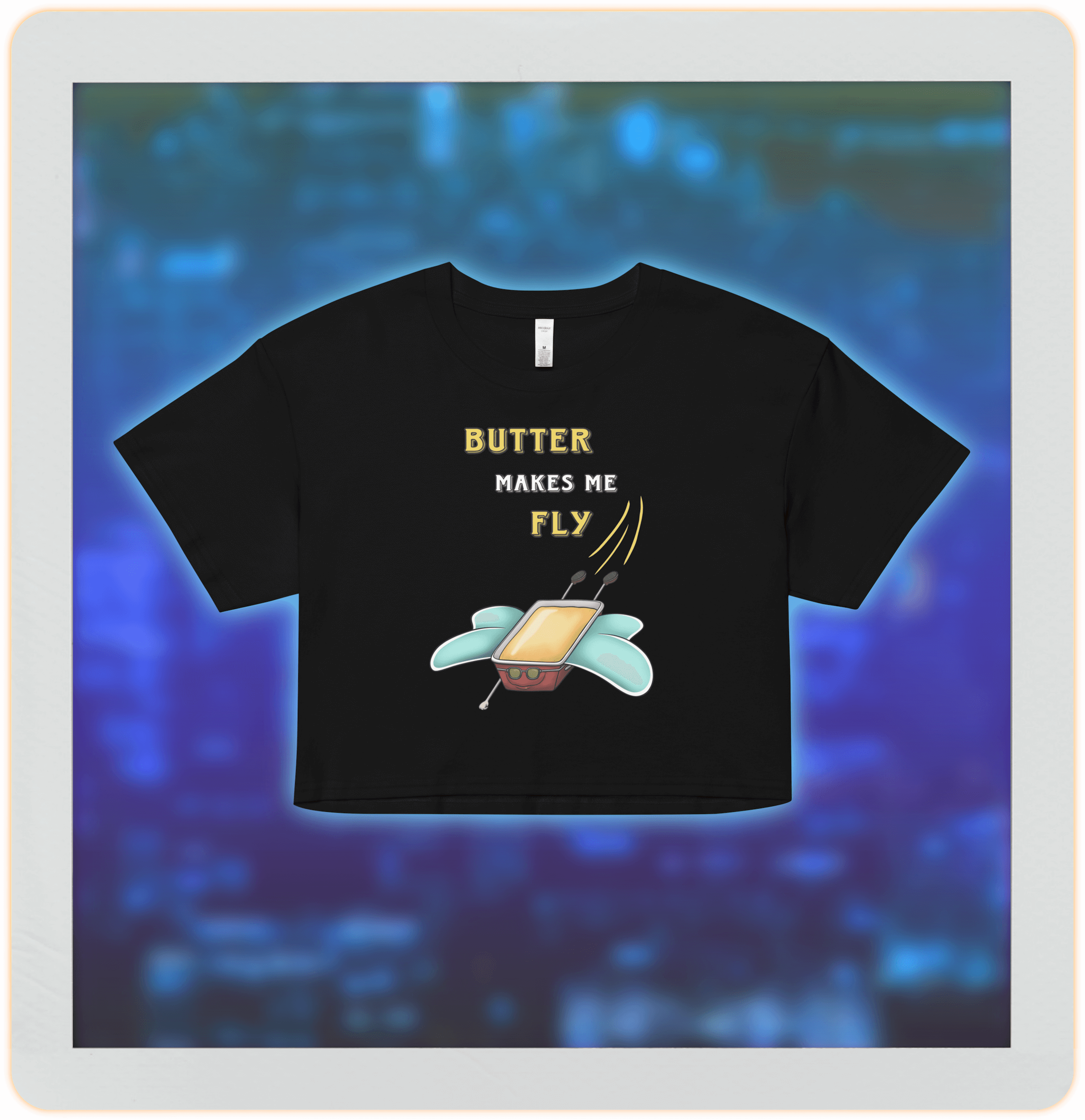 cartoon drawing of butter with wings on black crop top for women