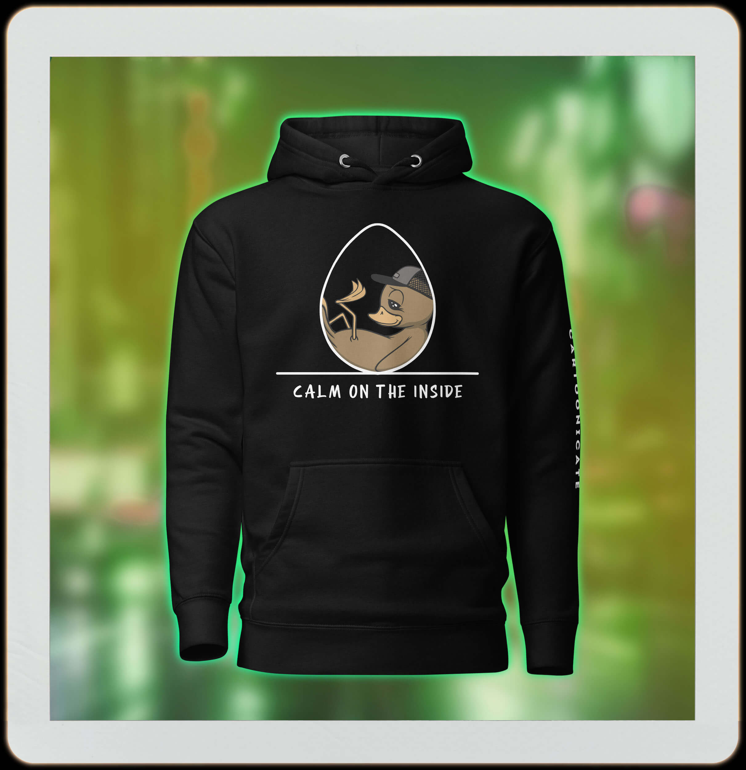 cartoon duck in an egg on black hoodie