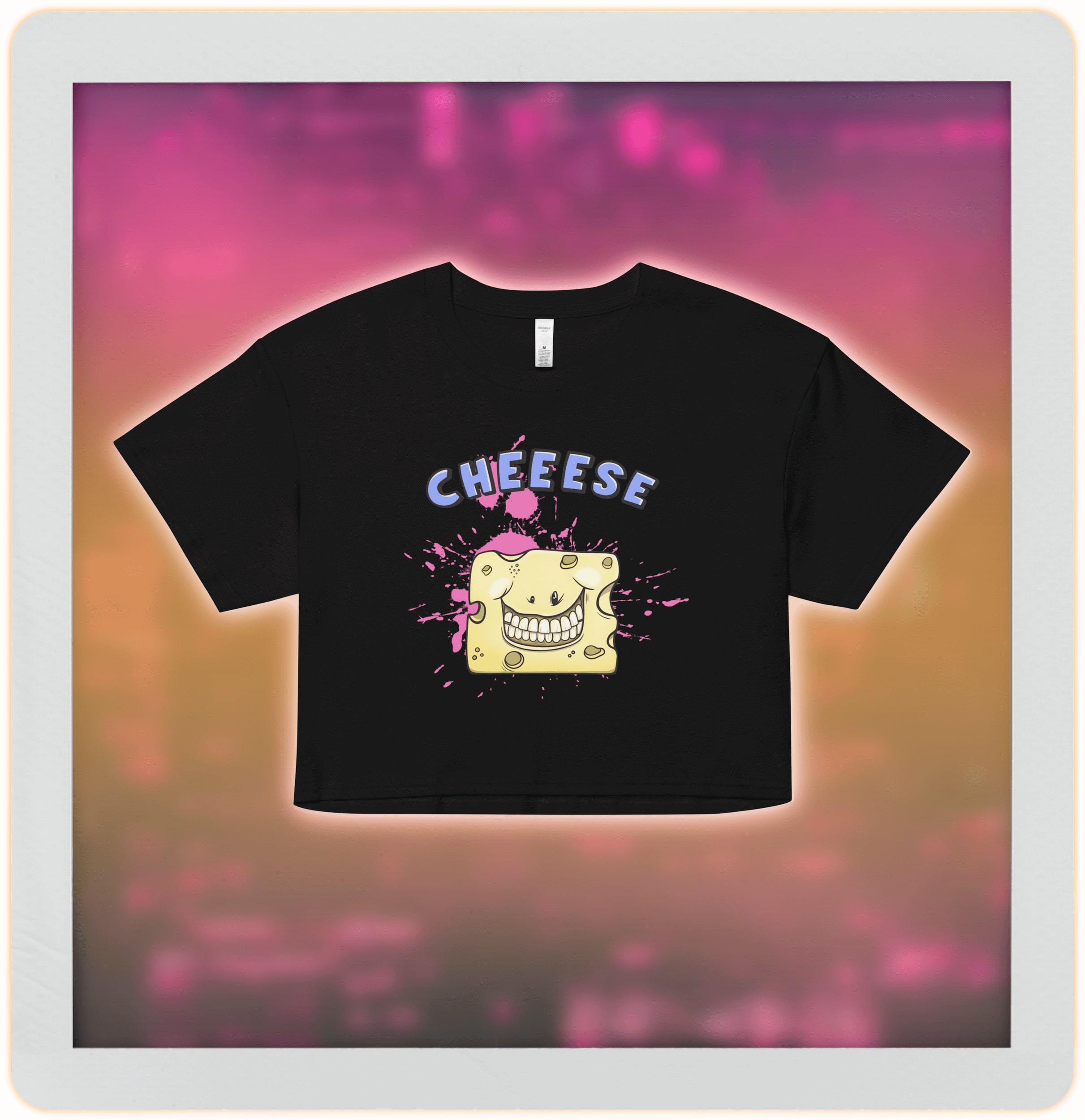 Happy smiling cartoon cheese on women’s crop top in black