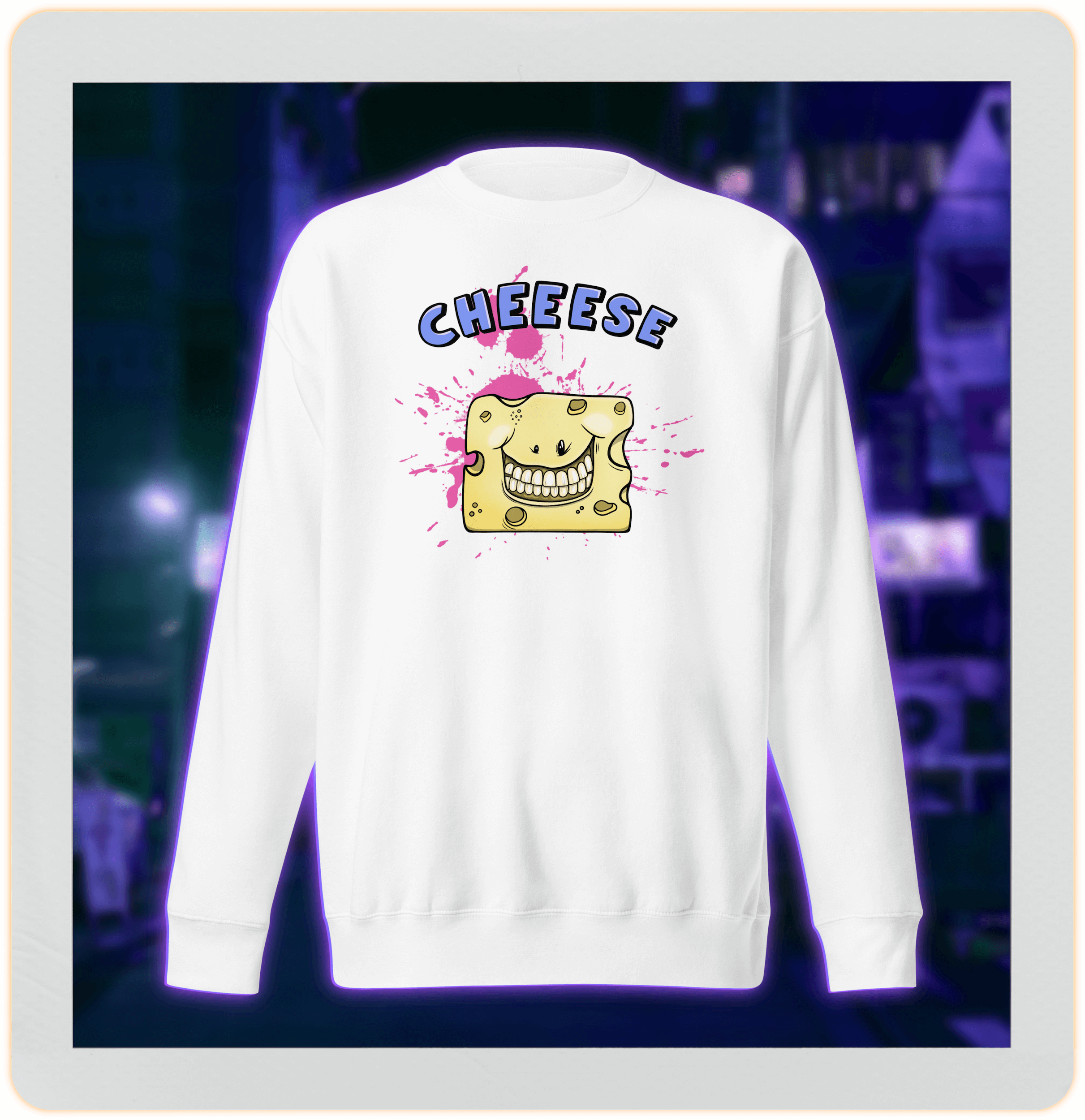 cute smiling cheese in cartoon style on white sweater