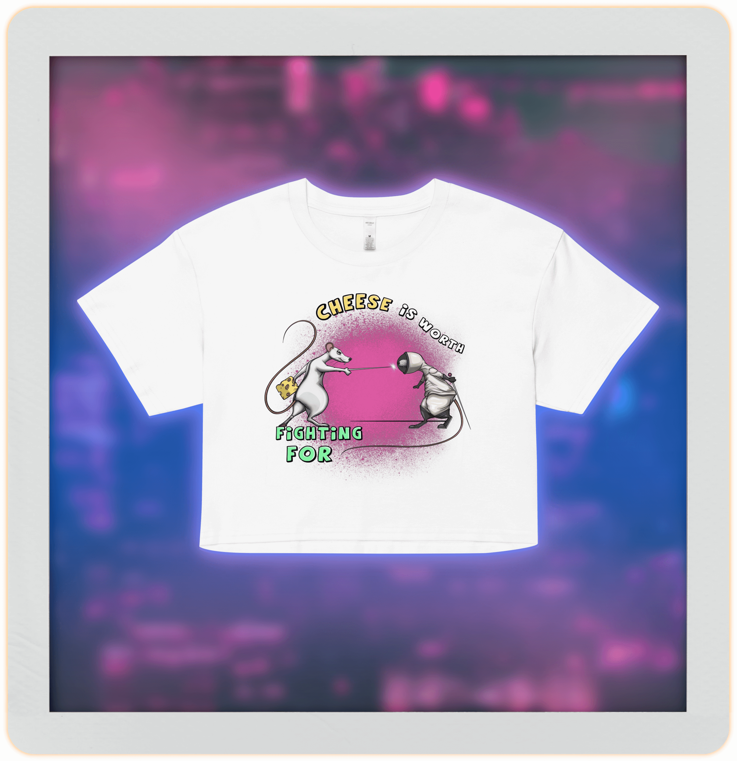 cute rats fighting over cheese on women’s crop top white