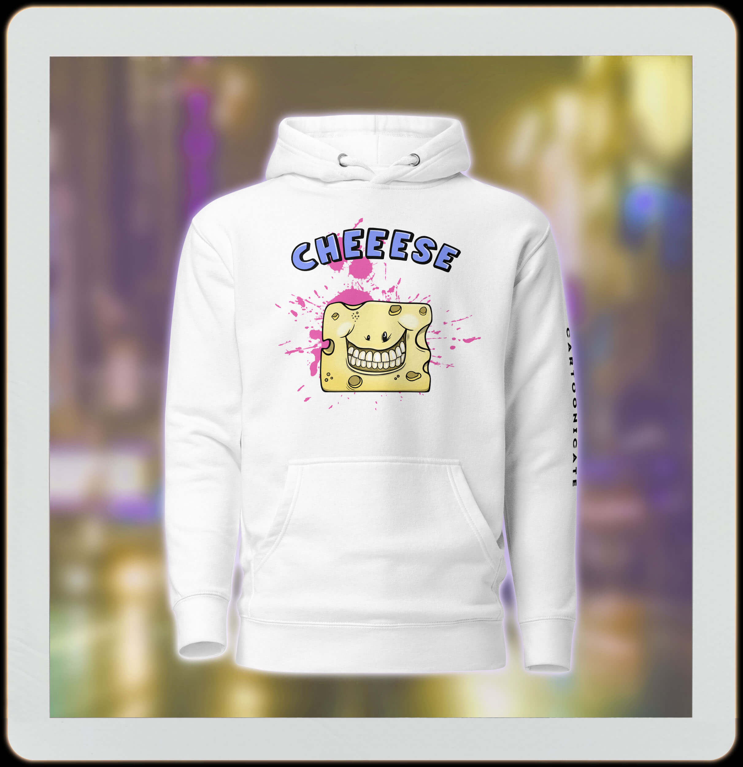 cute smiling cheese in cartoon style on white hoodie