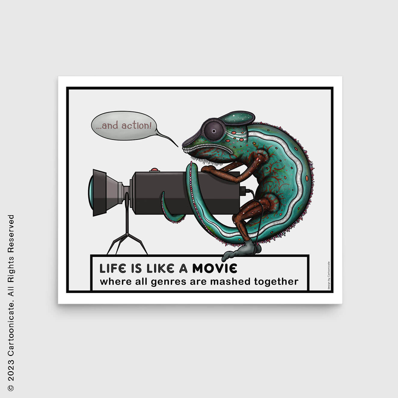 green chameleon with camera wall poster