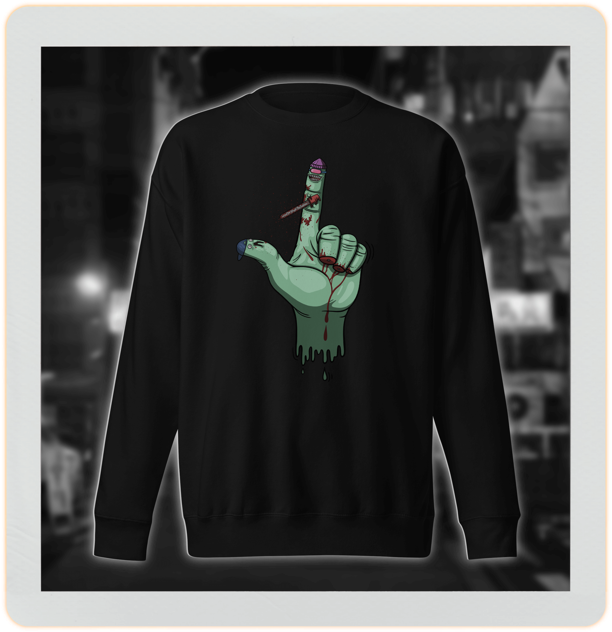 Cartoon hand with bloody fingers black sweater