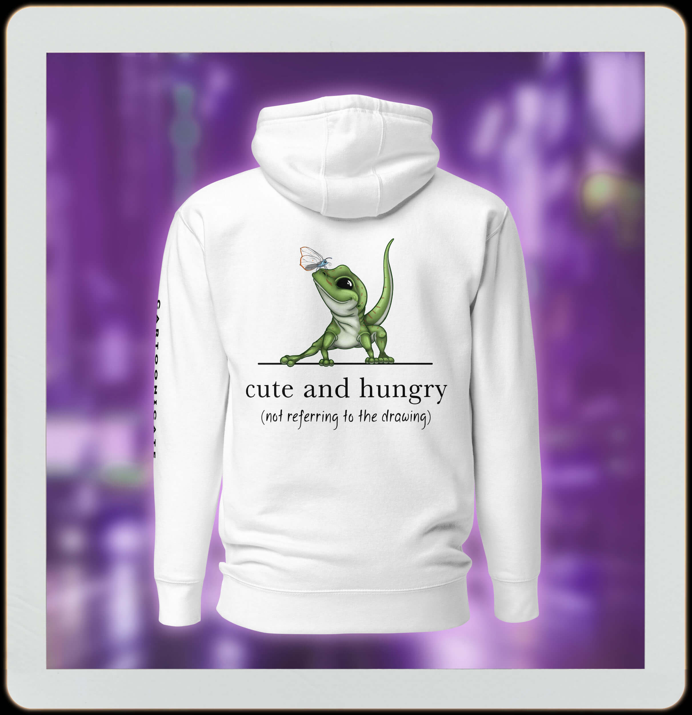 cute and hungry gecko on white hoodie