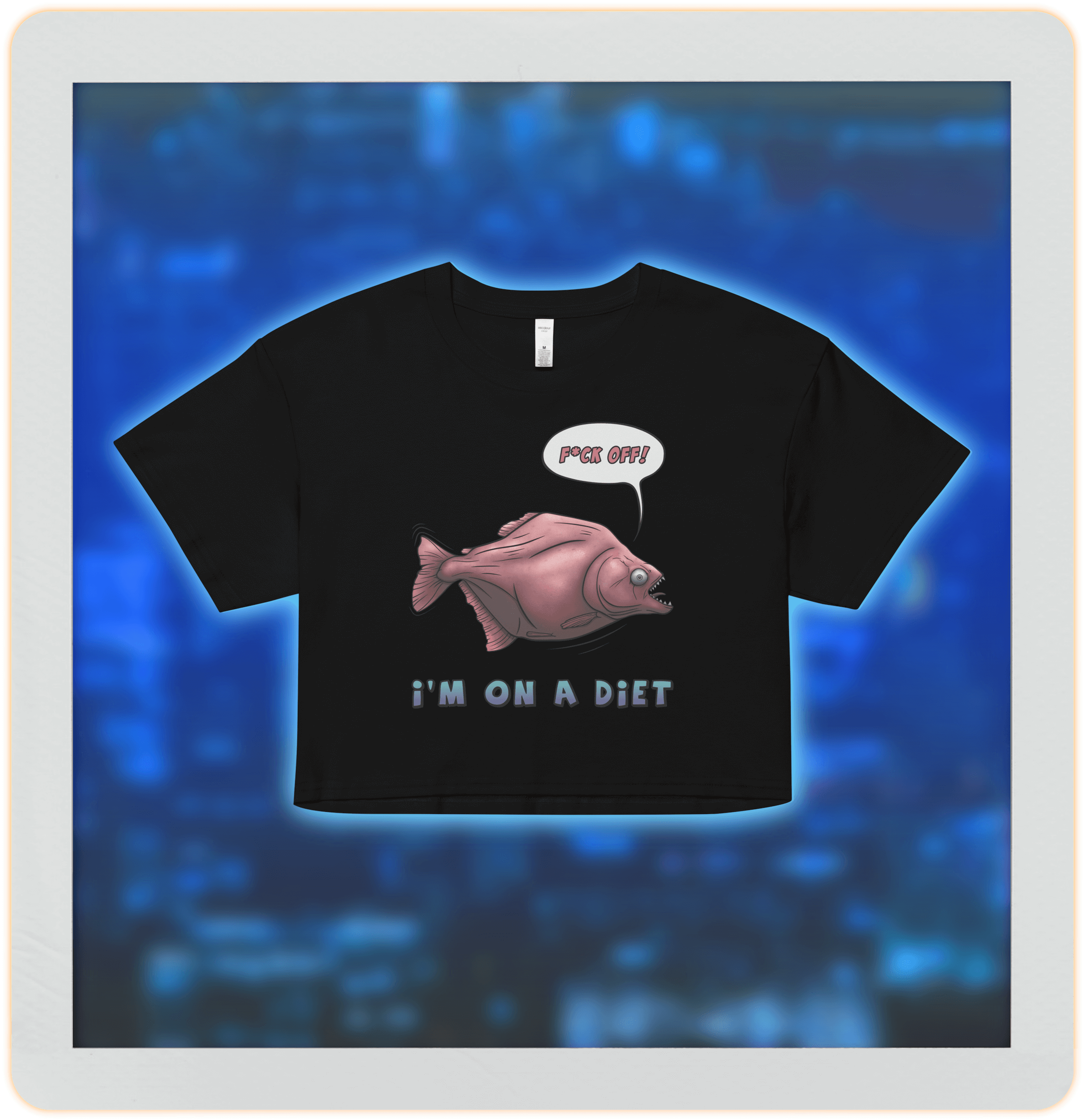 Hungry cartoon piranha on a diet black crop top