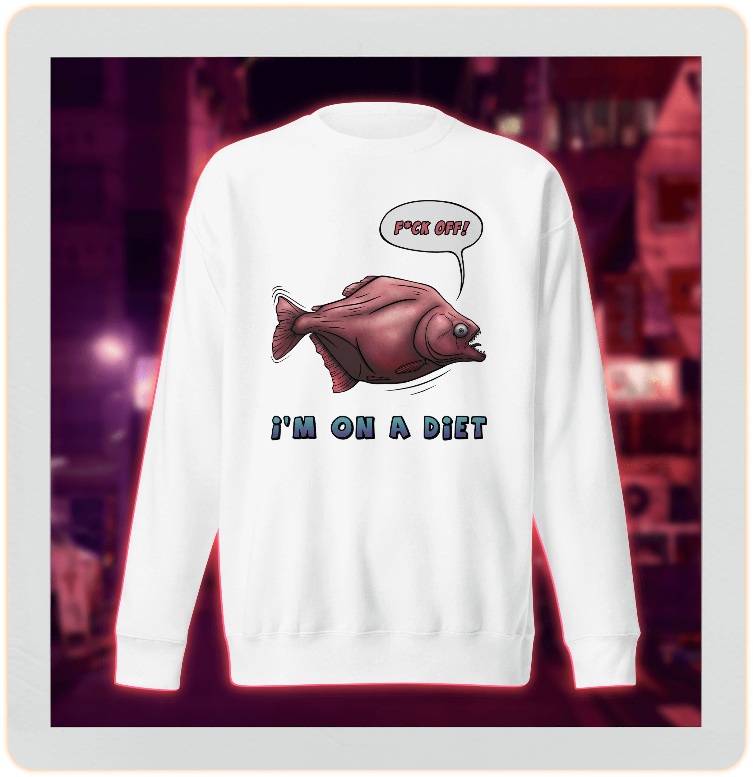 White sweater with a hungry cartoon piranha on a diet