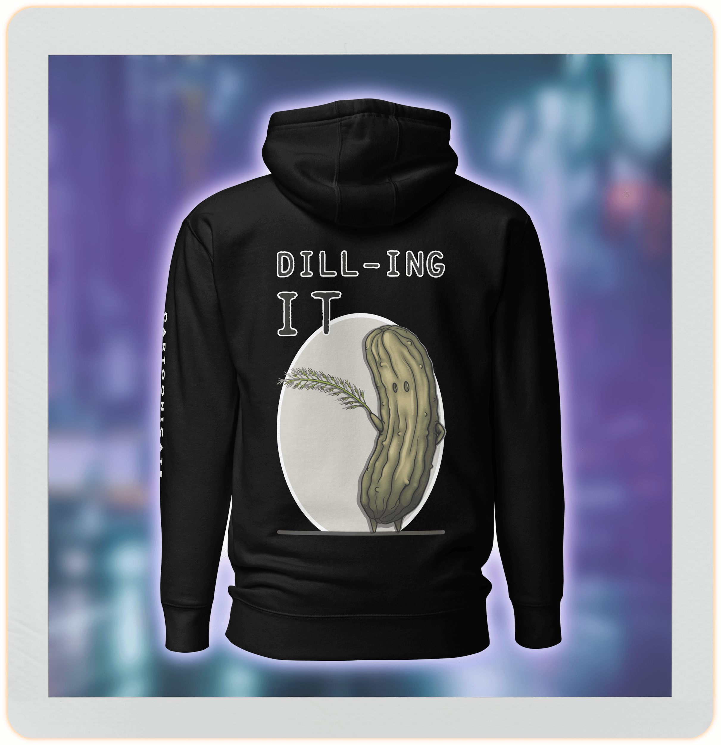 cool cartoon pickle with dill on black hoodie