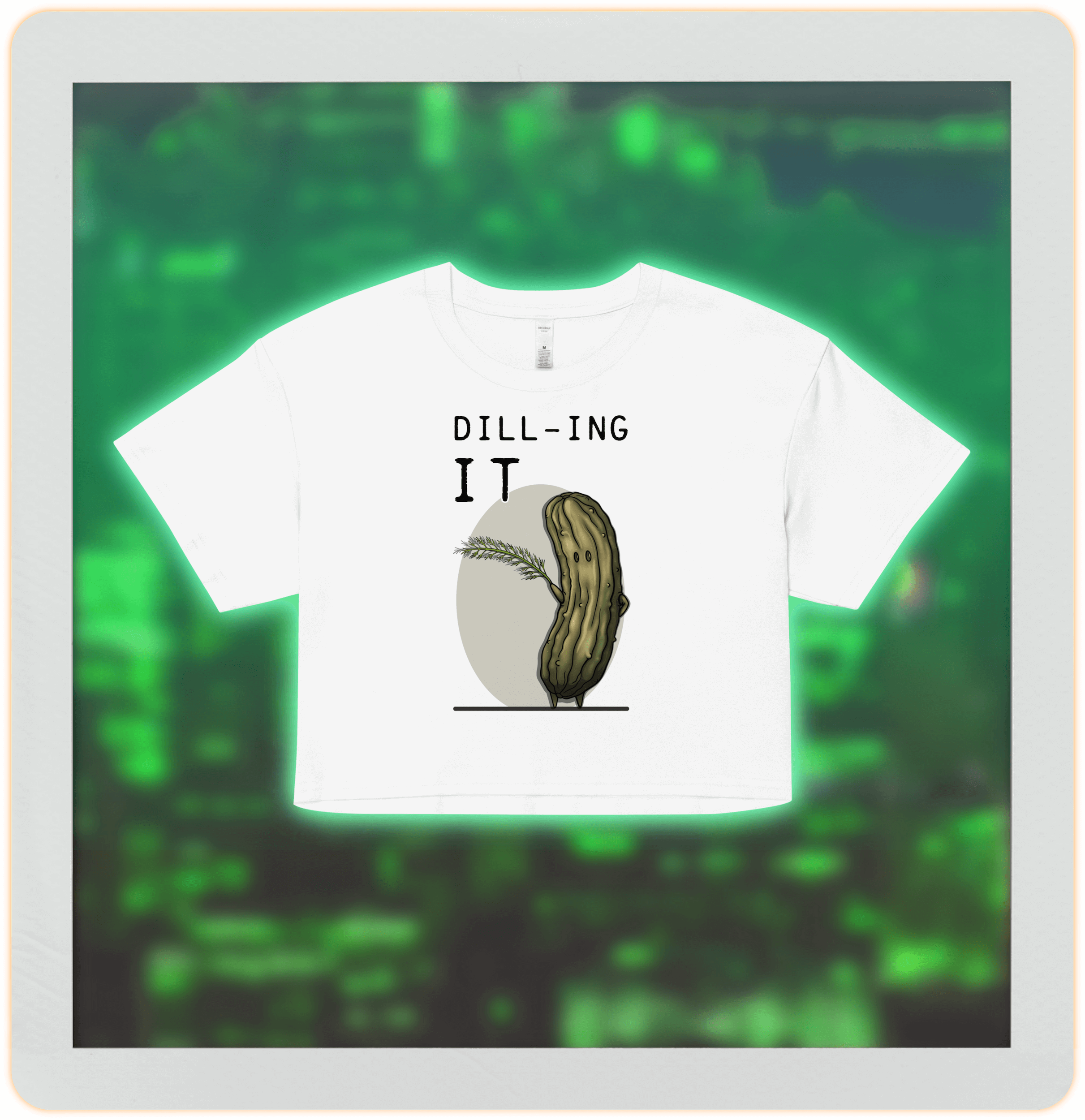 cool cartoon pickle with dill on women’s crop top white