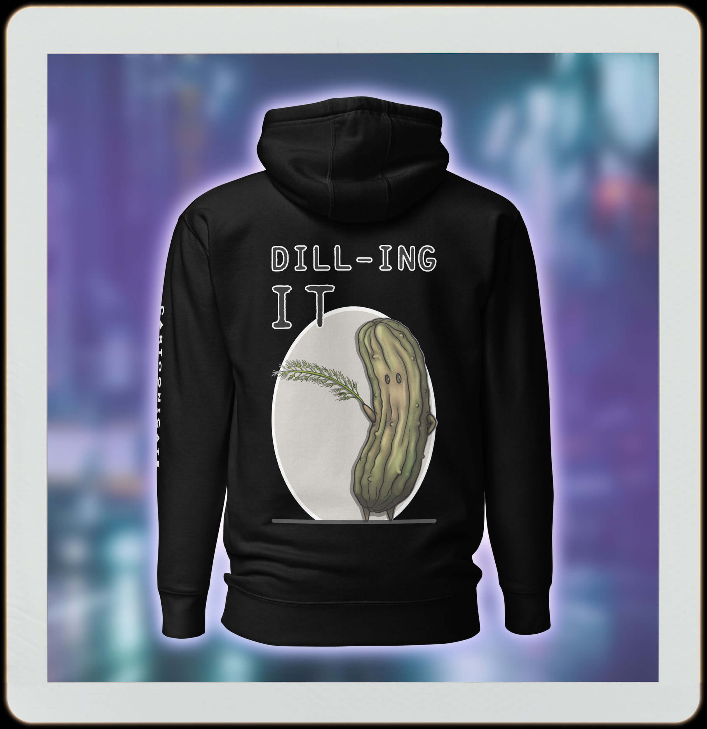 cool cartoon pickle with dill on black hoodie