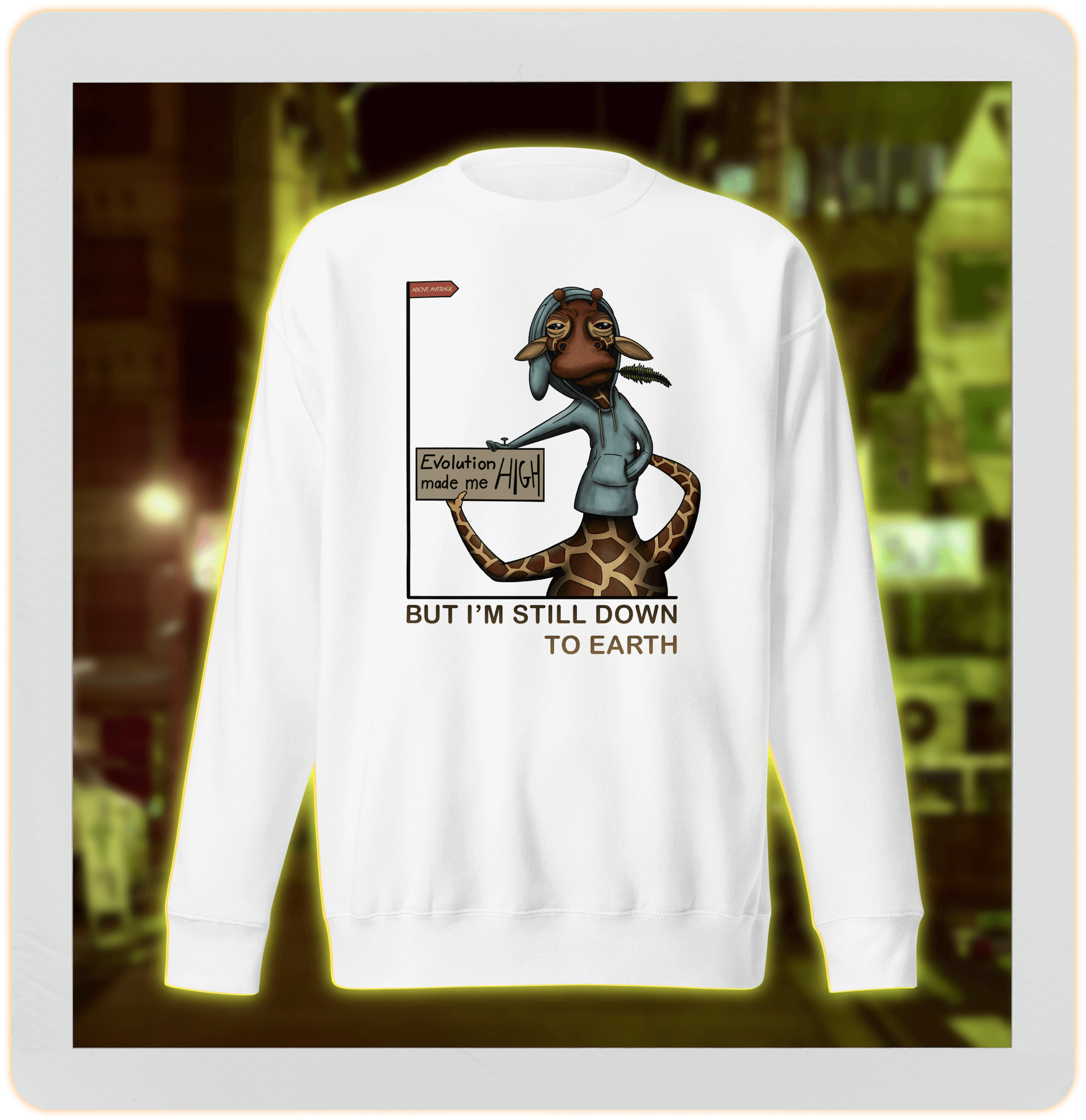 white sweatshirt with cool cartoon giraffe