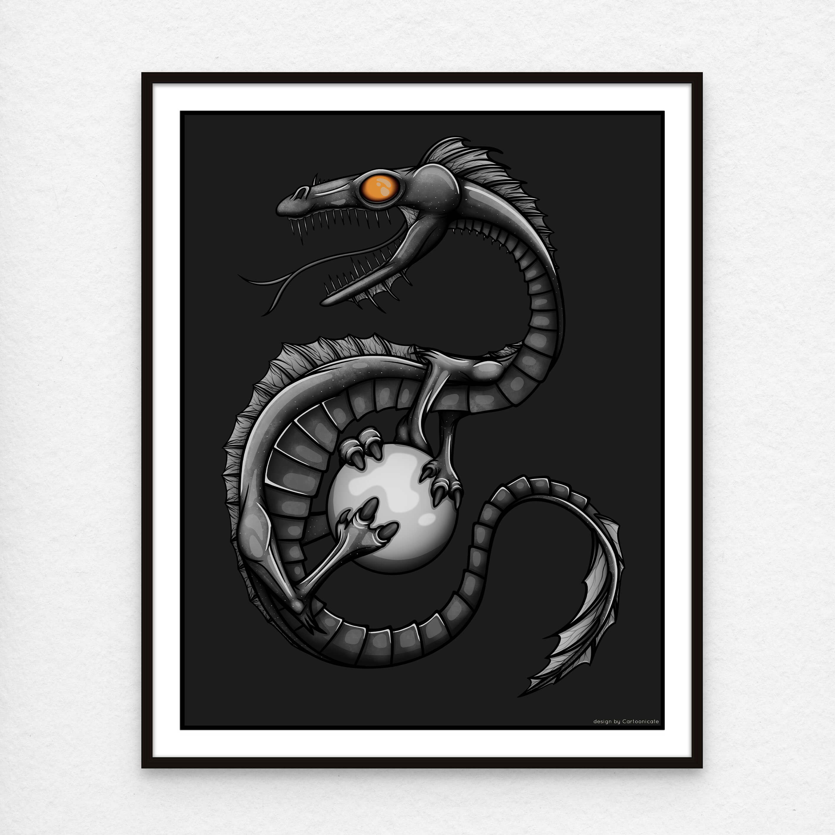 wall print with cool grey cartoon dragon