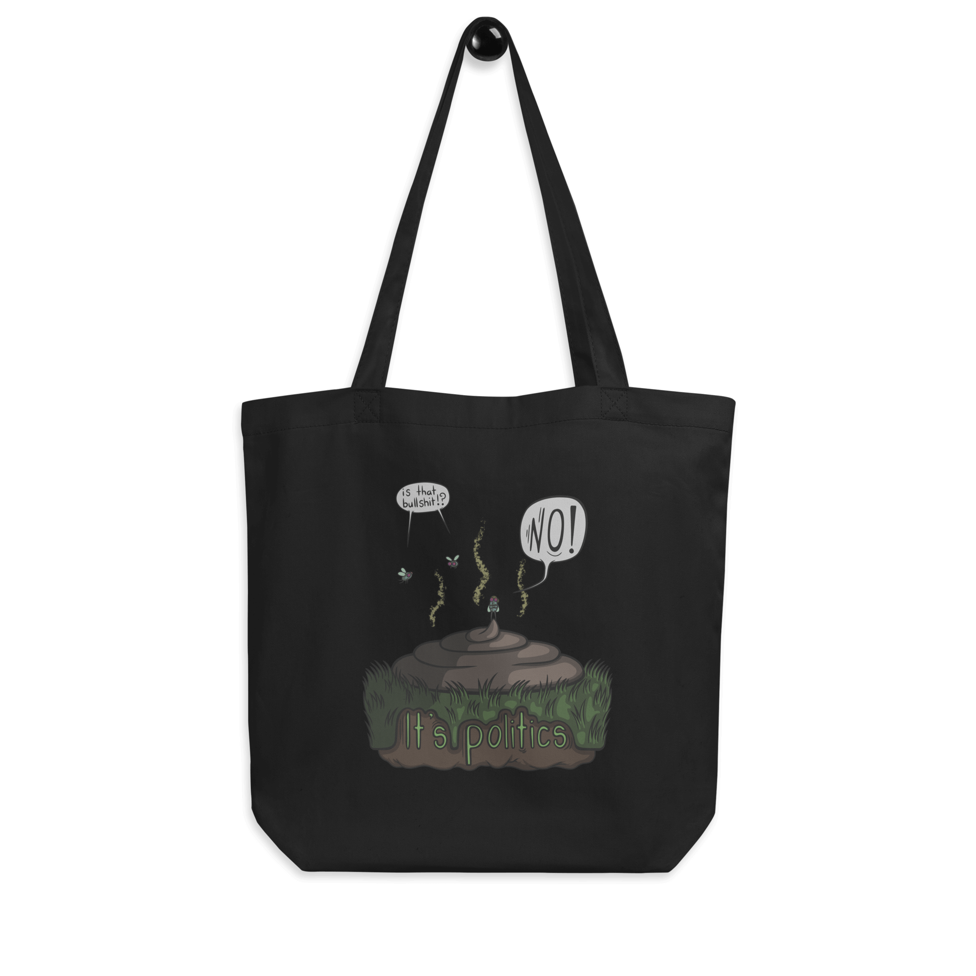 funny cartoon flies and bullshit tote bag black