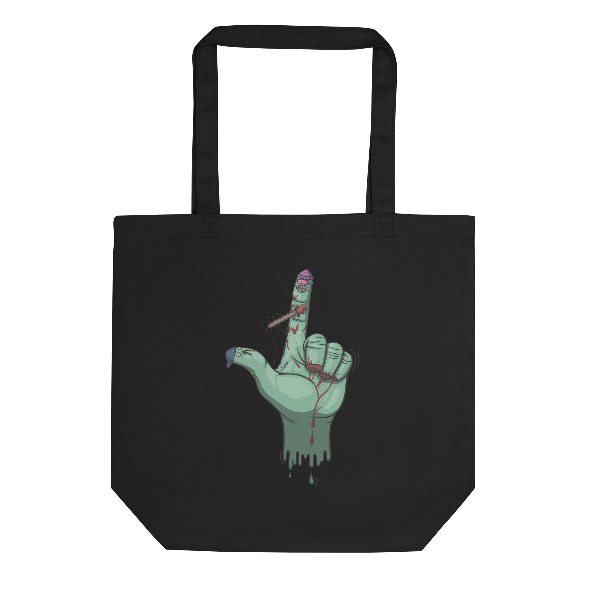 Cartoon hand with bloody fingers tote bag black