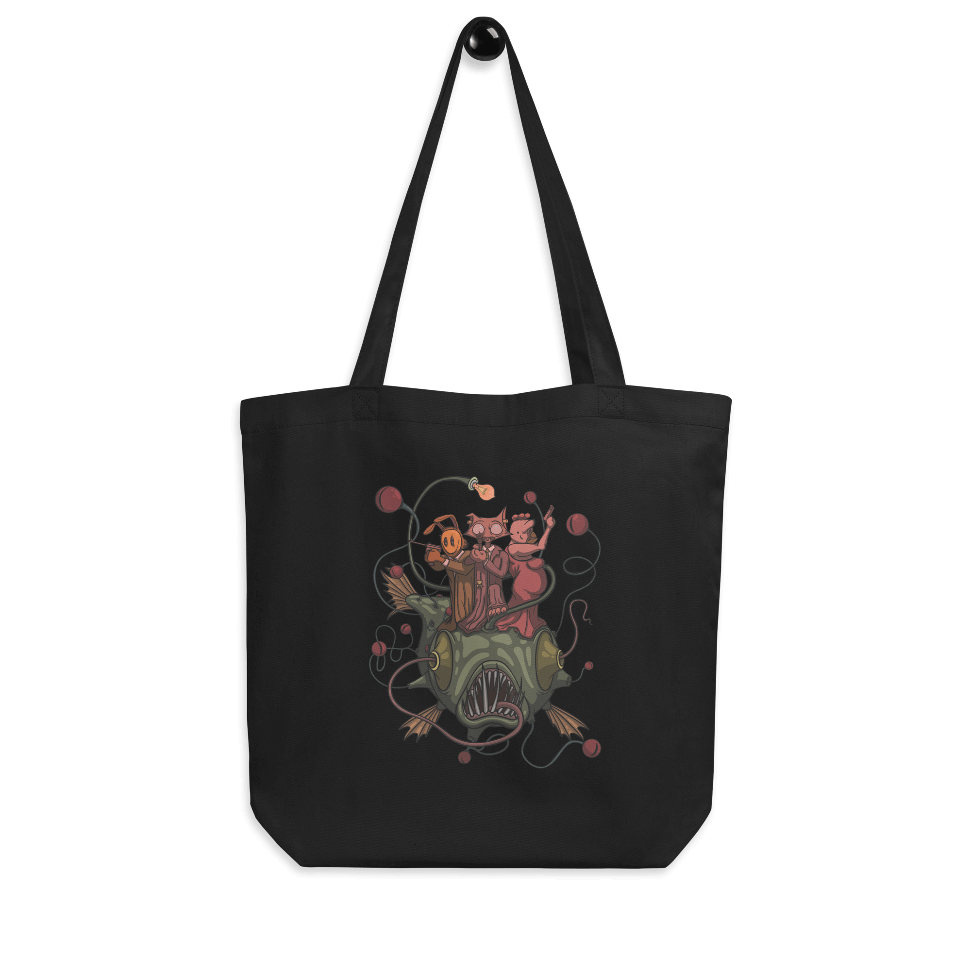 Cartoon fish, cat, chicken and bunny on tote bag black