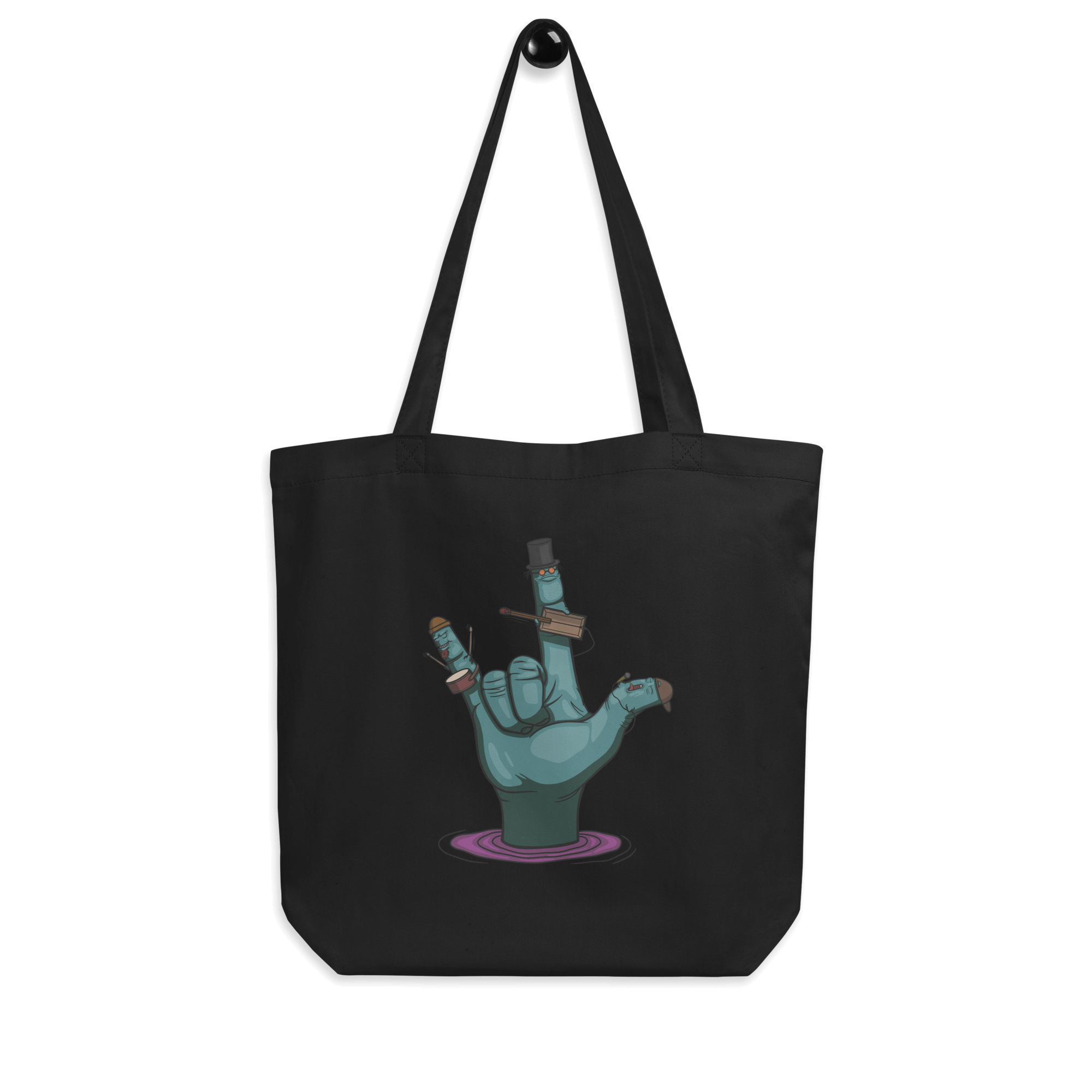 cartoon rock music hand tote bag black