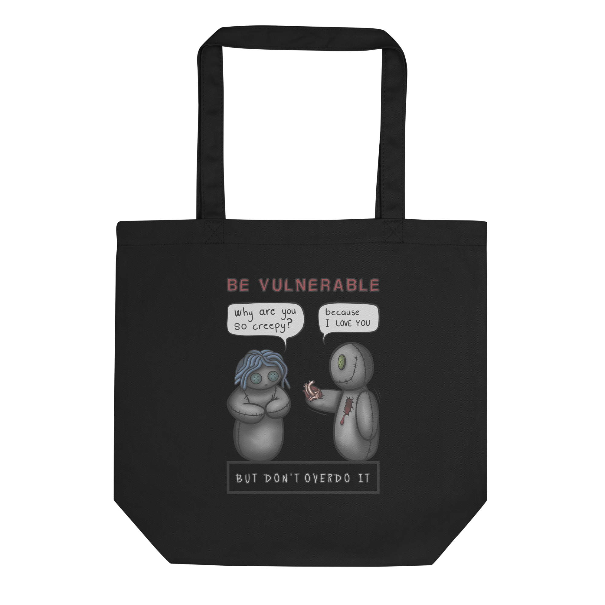 creepy voodoo doll with heart tote bag black