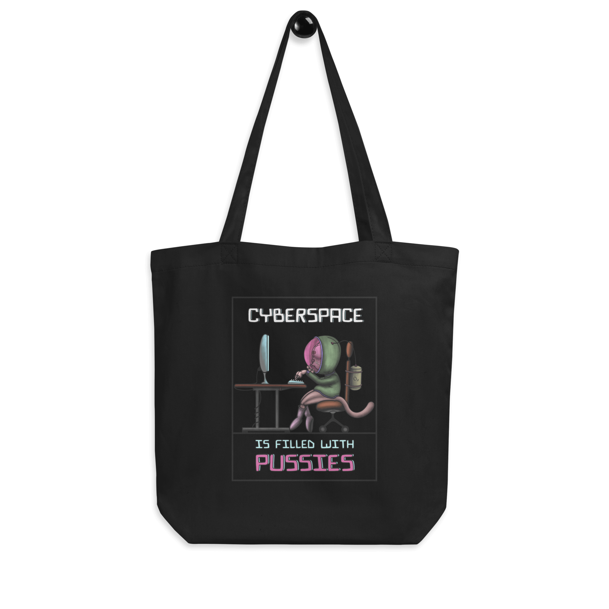 Funny cyberspace cat tote bag black