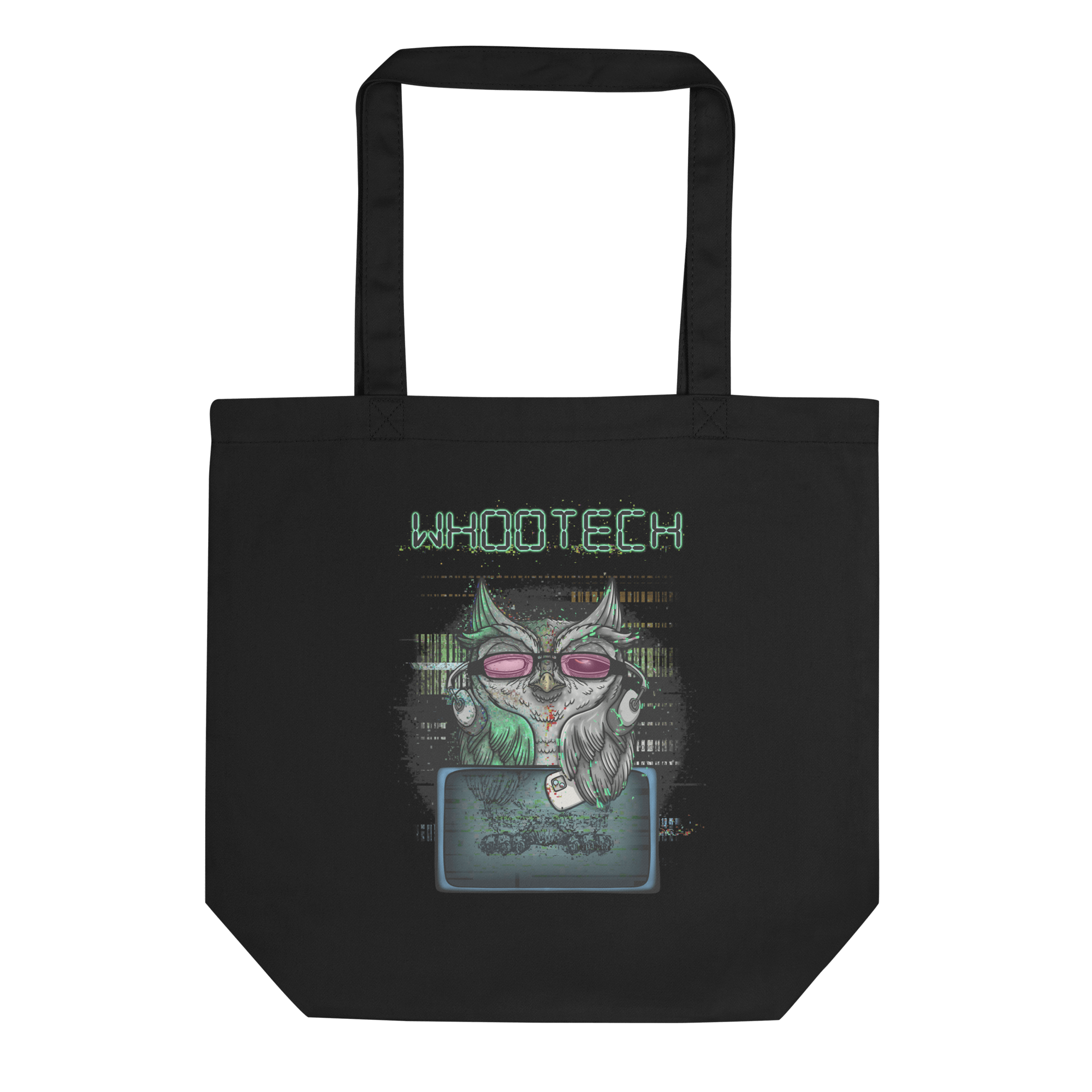 Cool cartoon technology owl on tote bag black