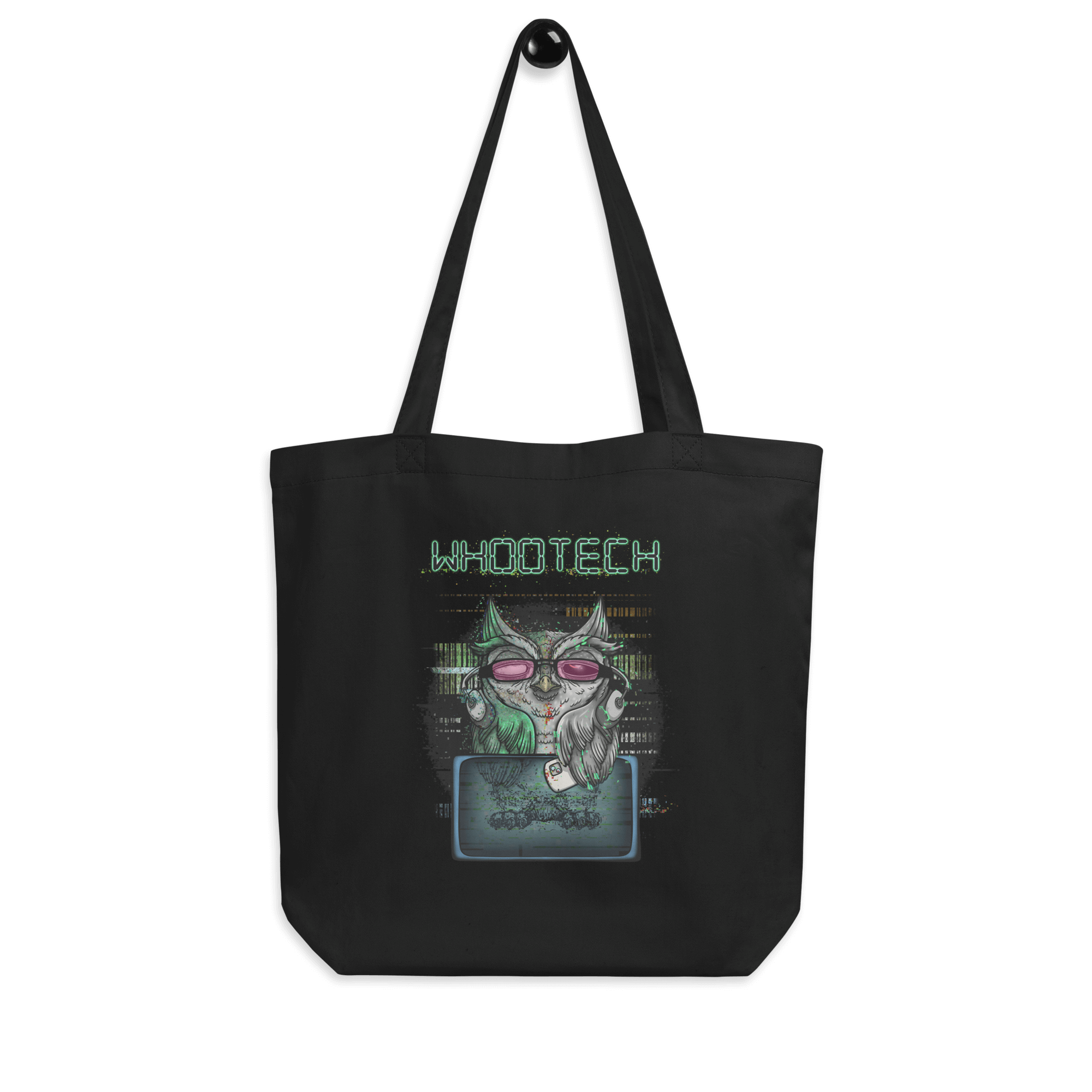 black tote bag with cartoon owl, music and technology