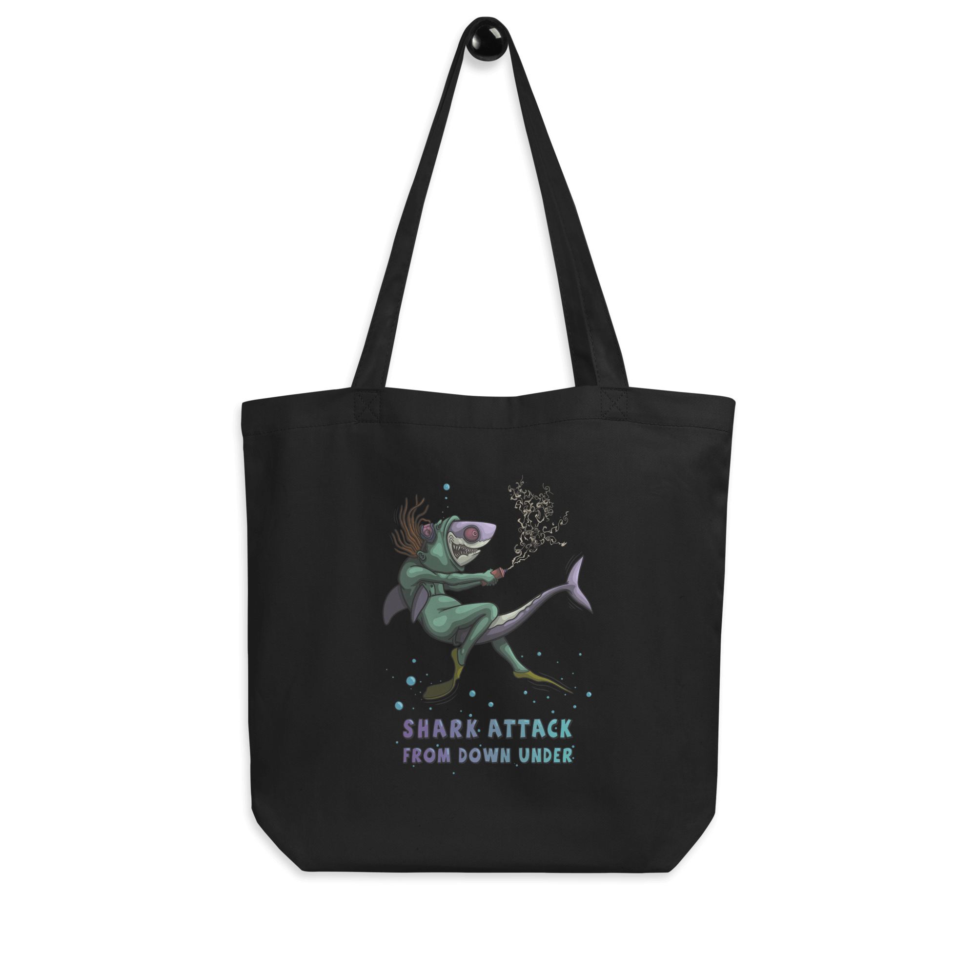 Funny cartoon shark on tote bag black