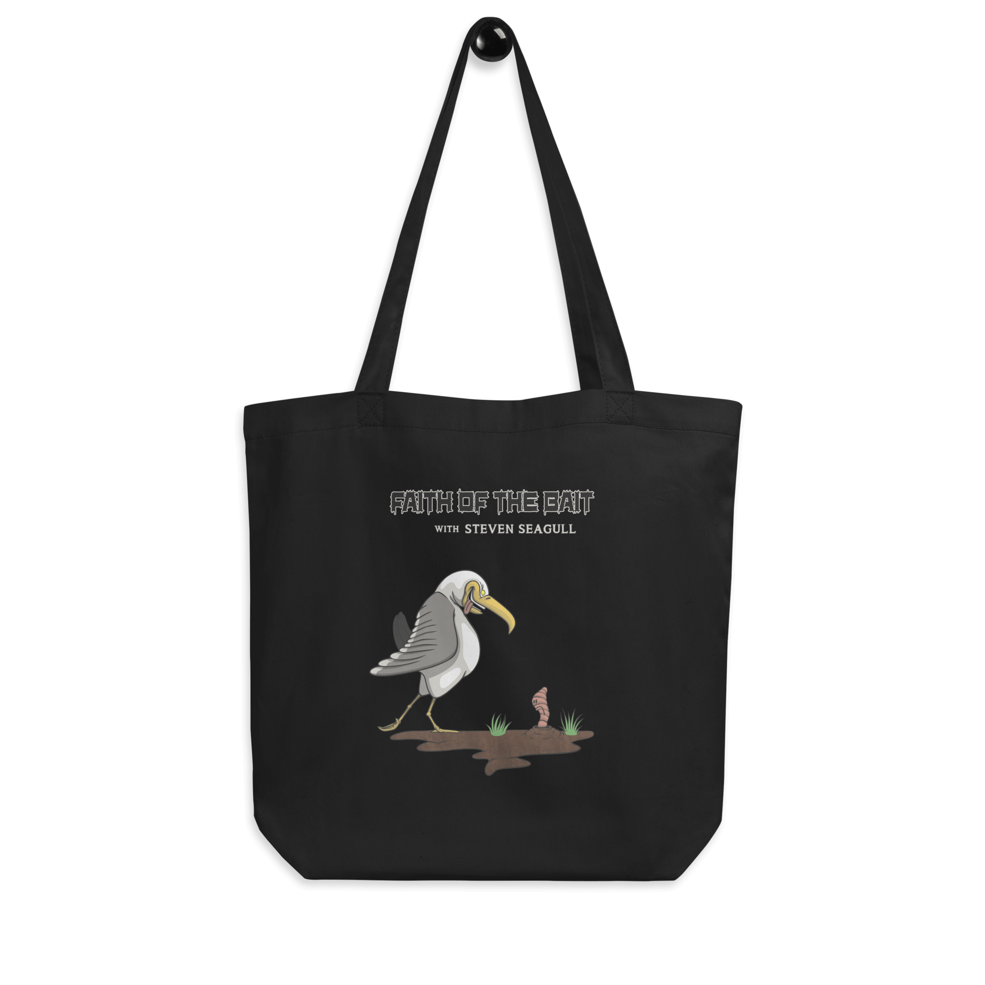 funny cartoon seagull and a maggot on black tote bag