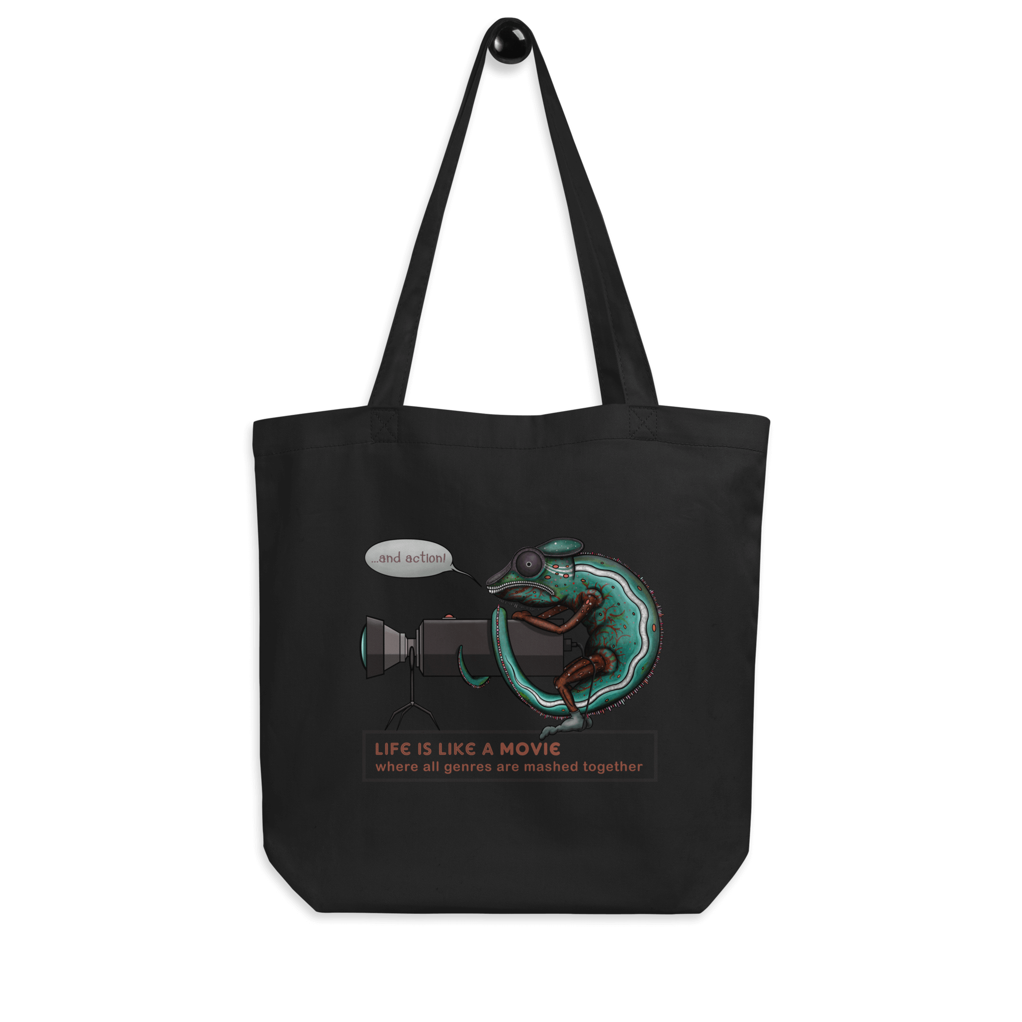 Cute chameleon camera tote bag black