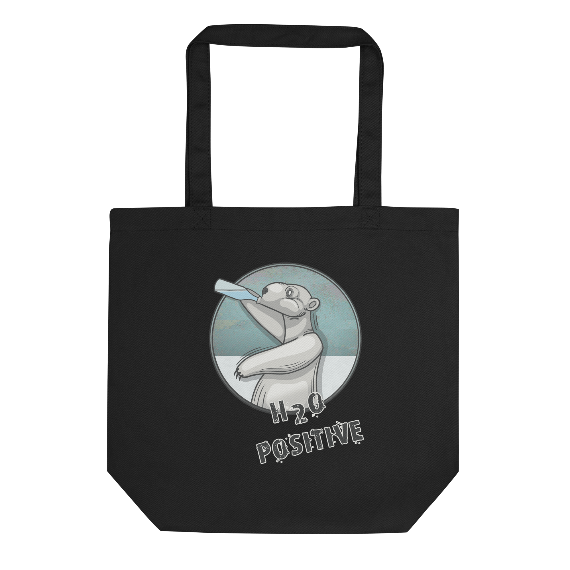 tote bag black with a cool cartoon polar bear drinking water