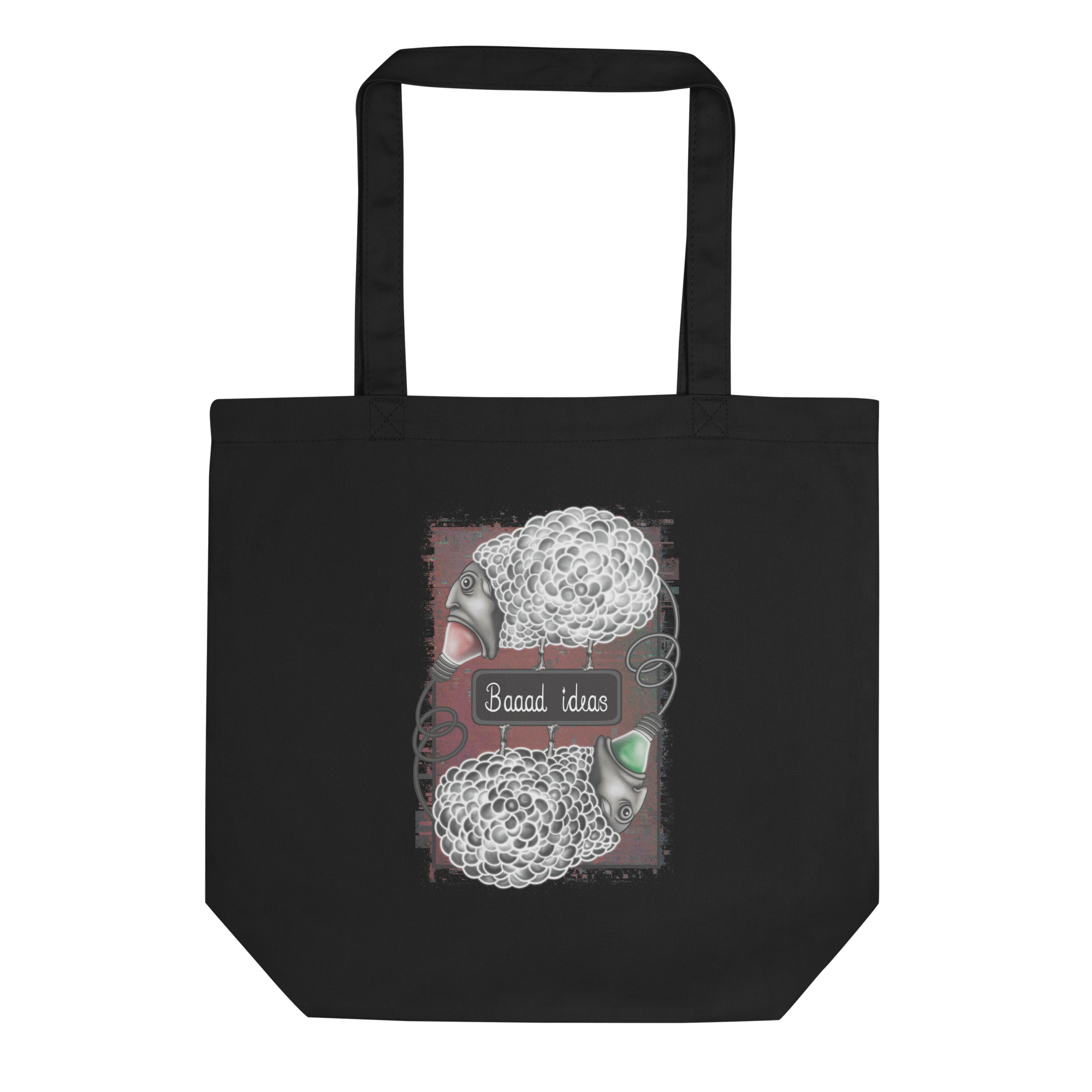 black tote bag with cool cartoon sheep