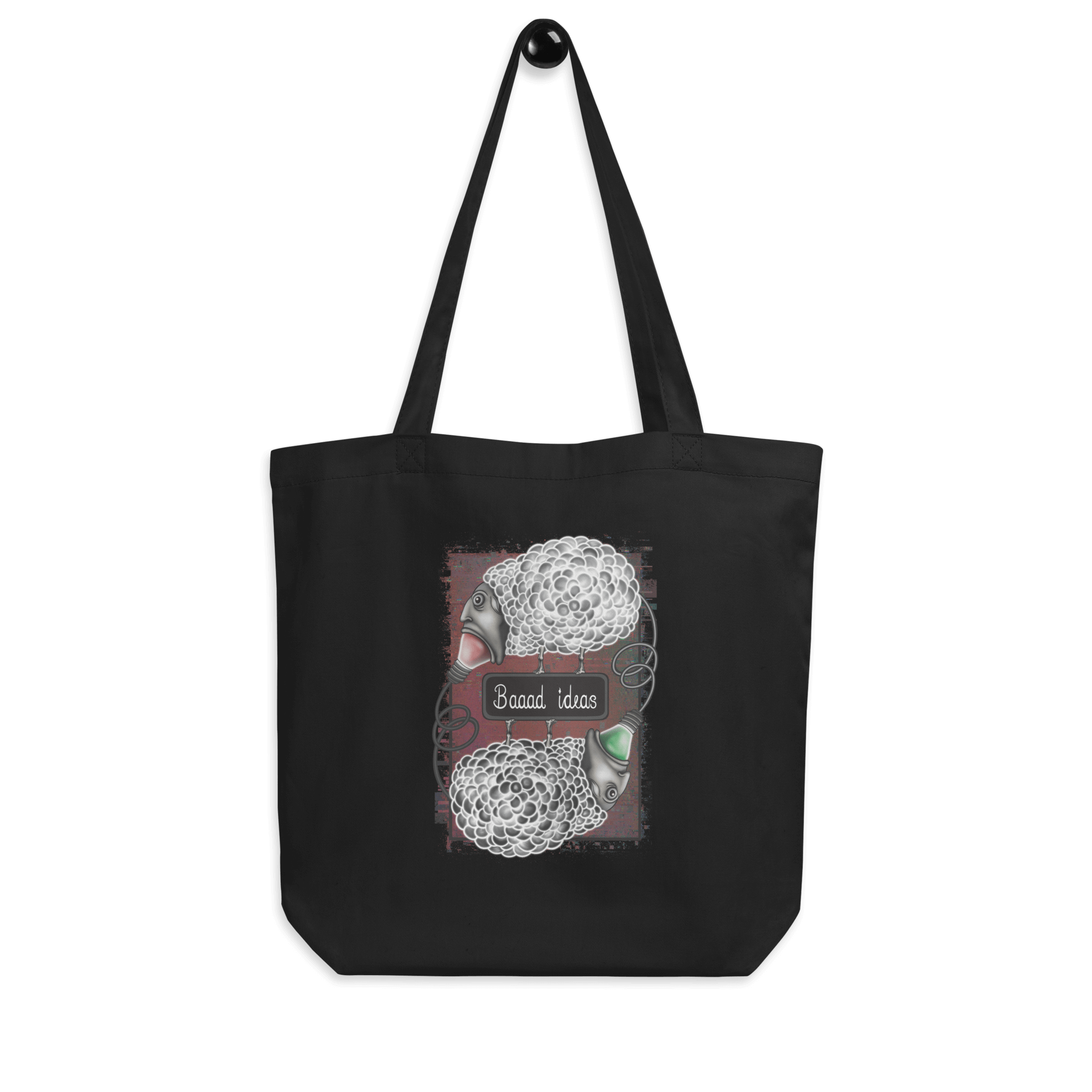 cool cartoon sheep with lightbulbs on black tote bag