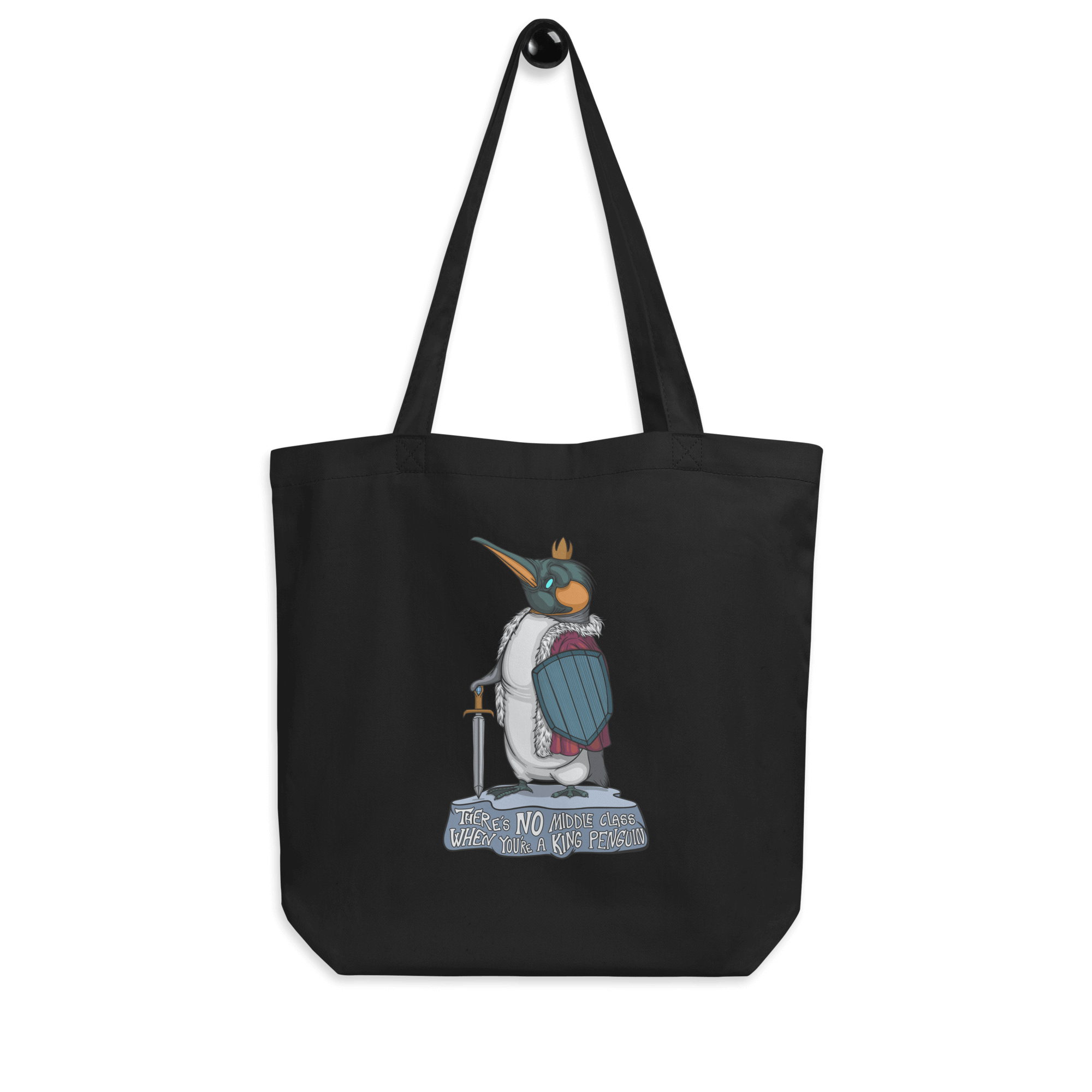 funny king penguin in cartoon style on black tote bag