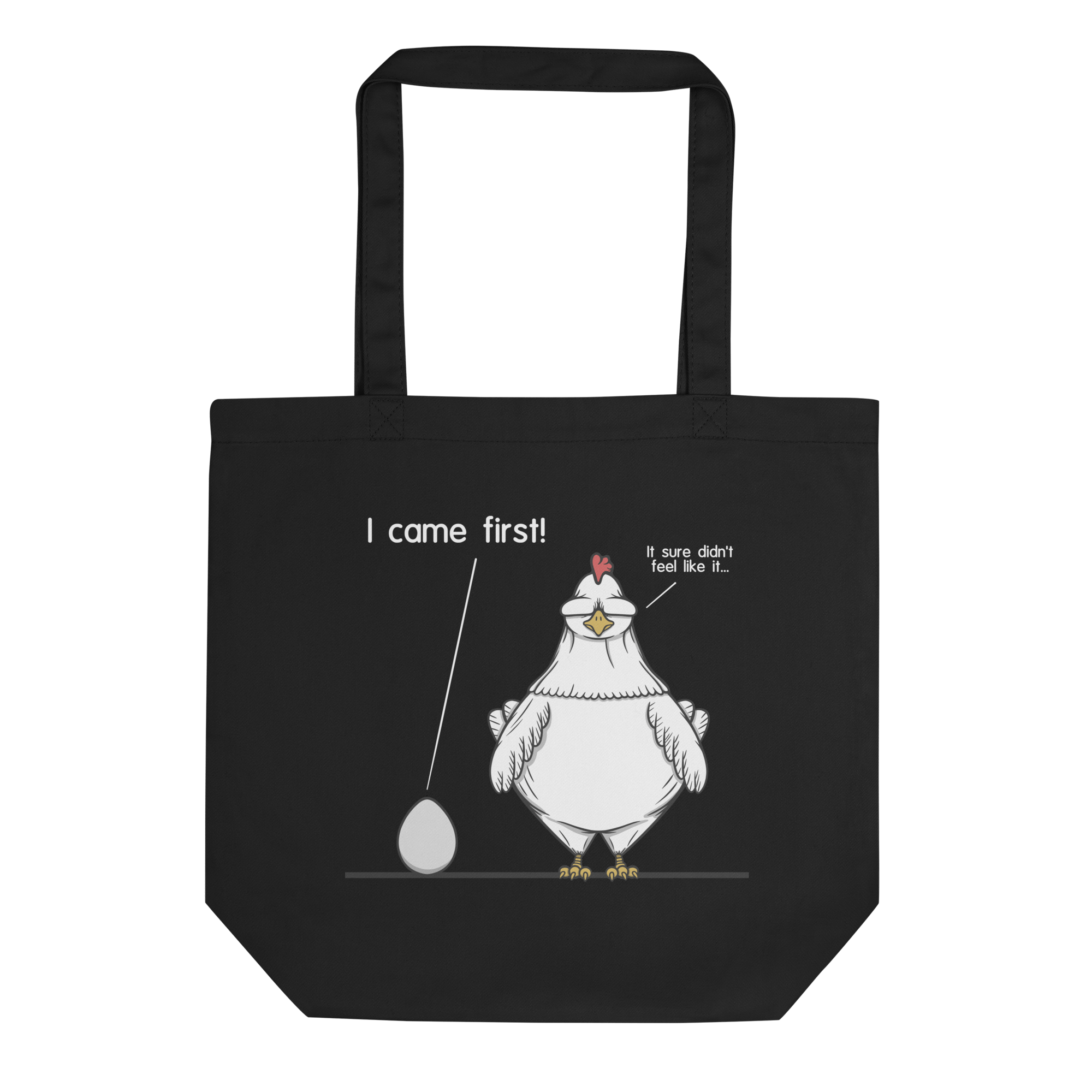 Black tote bag with cartoon chicken and egg