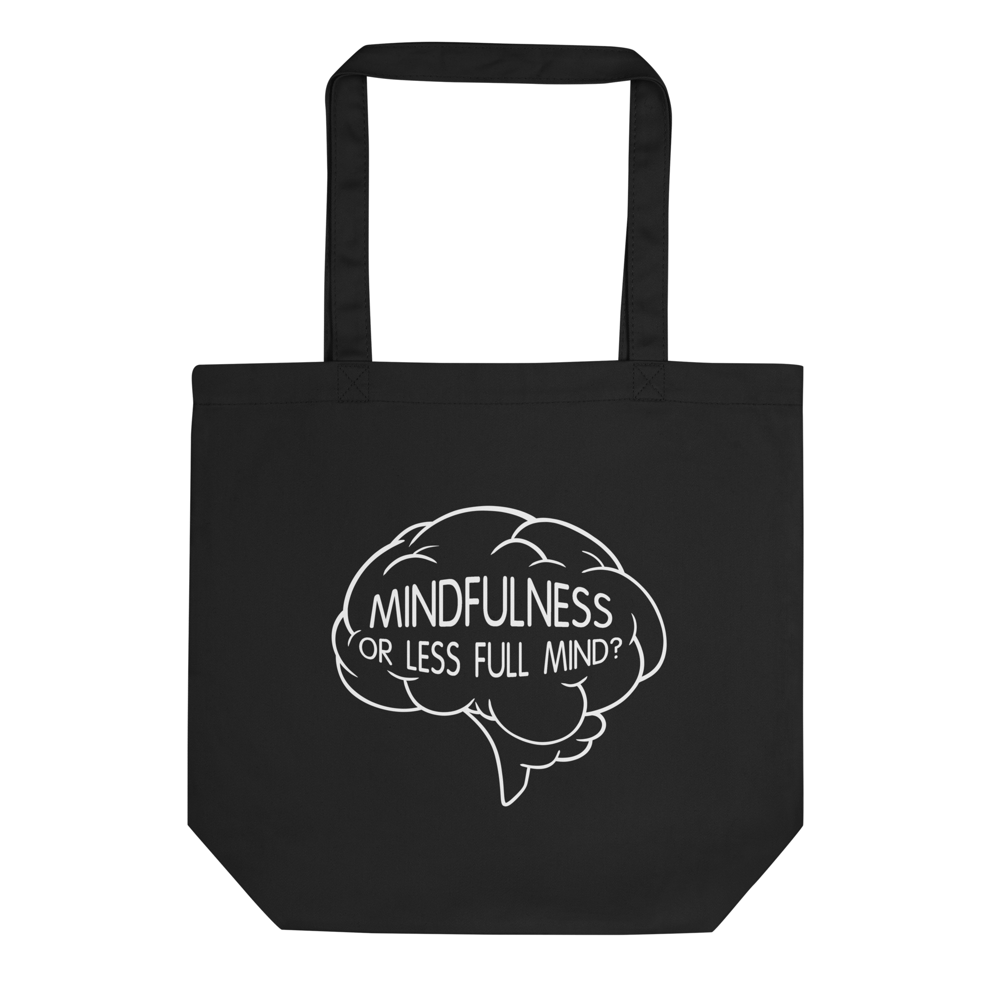 black tote bag with cartoon brain and mindfulness