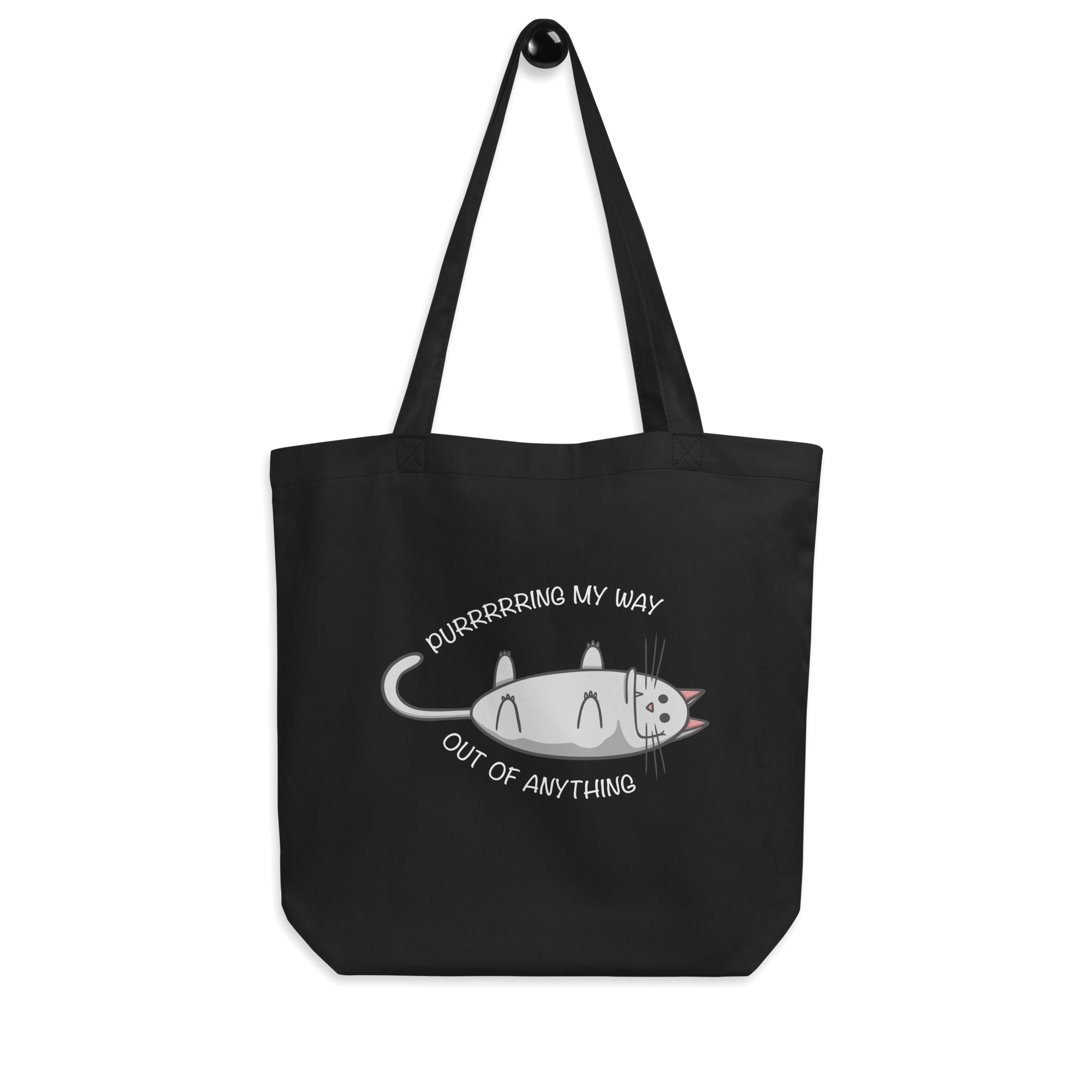 black tote bag with a cute cartoon cat purring