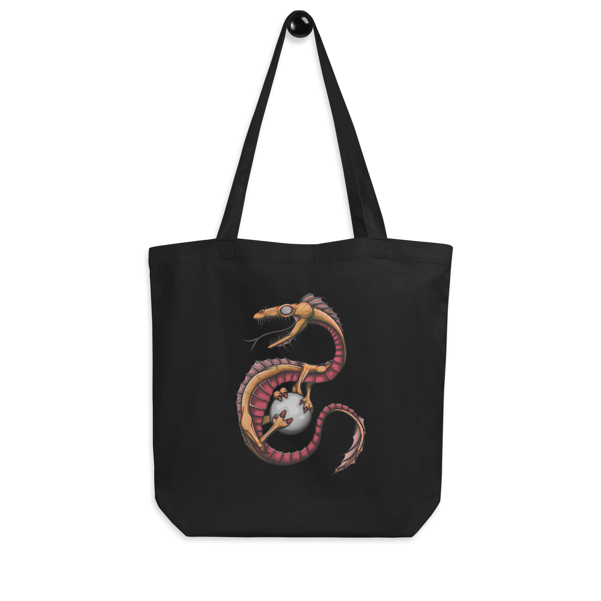 black tote bag with cool yellow cartoon dragon