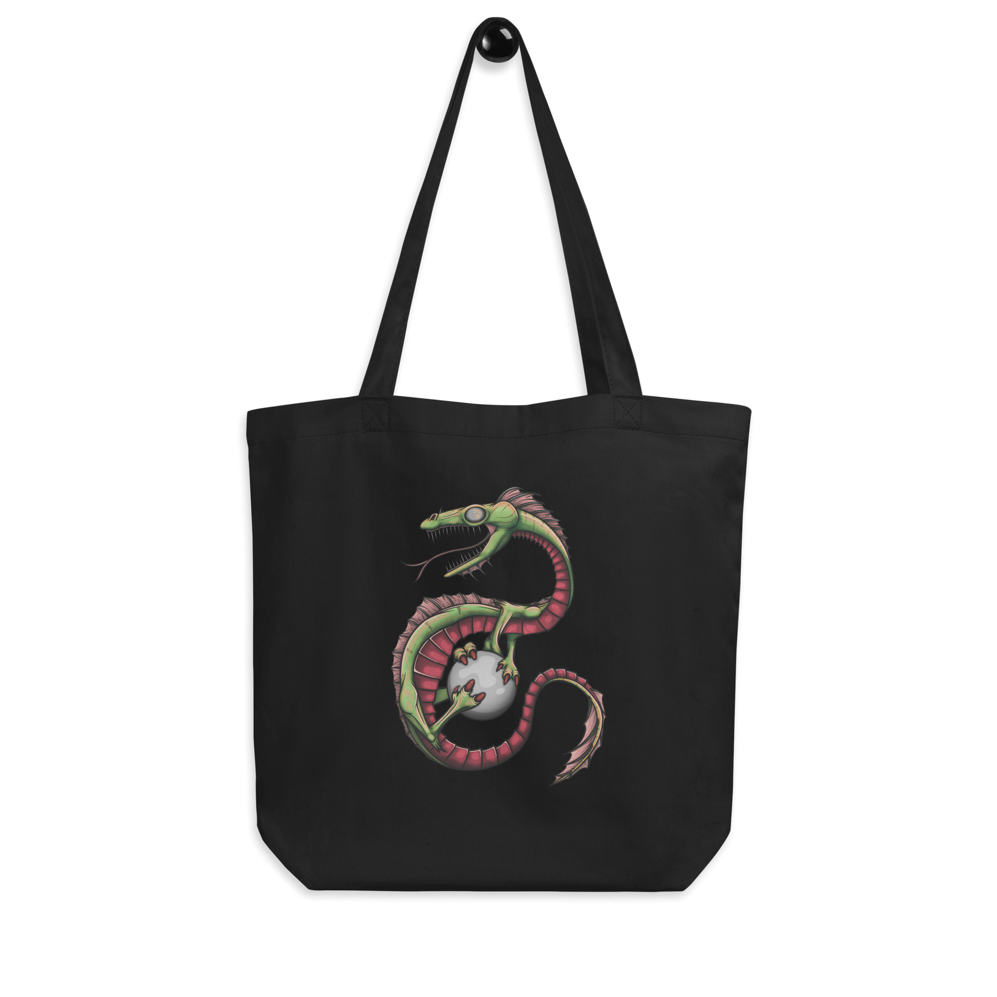 black tote bag with cool green cartoon dragon