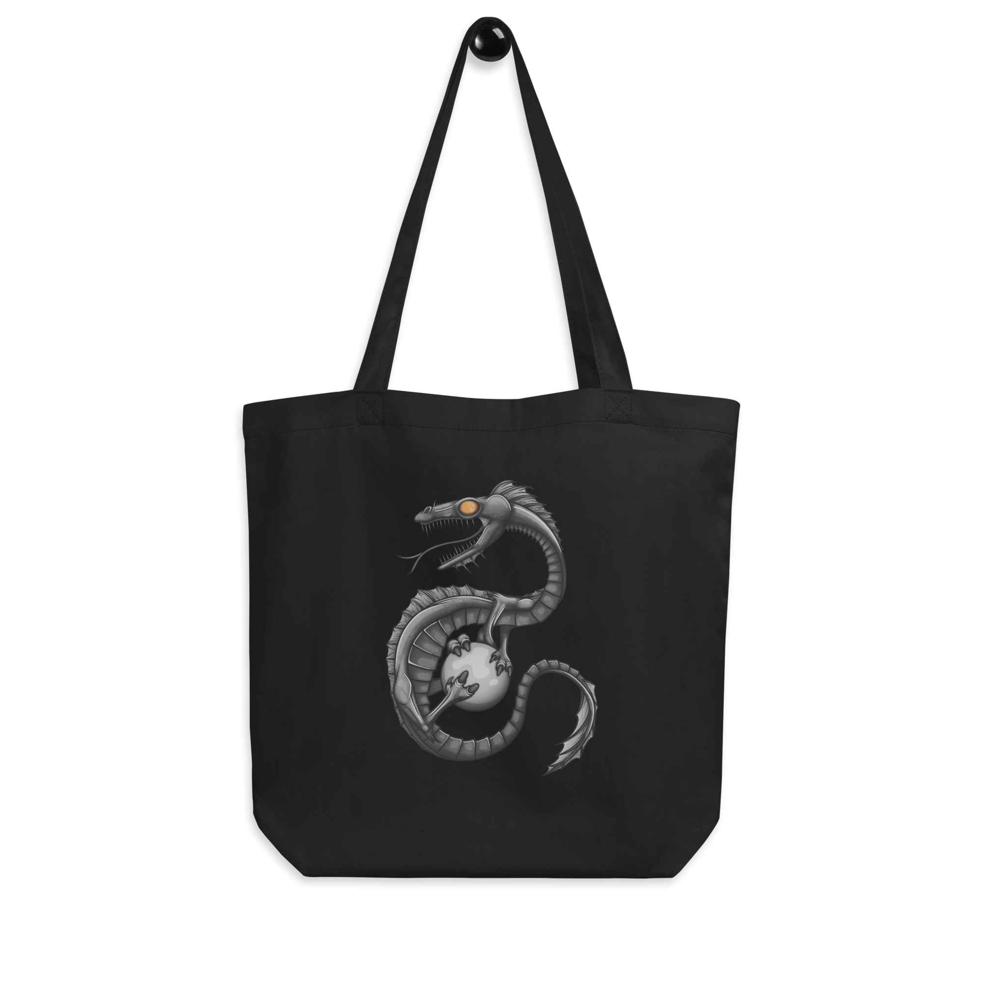 black tote bag with cool grey cartoon dragon