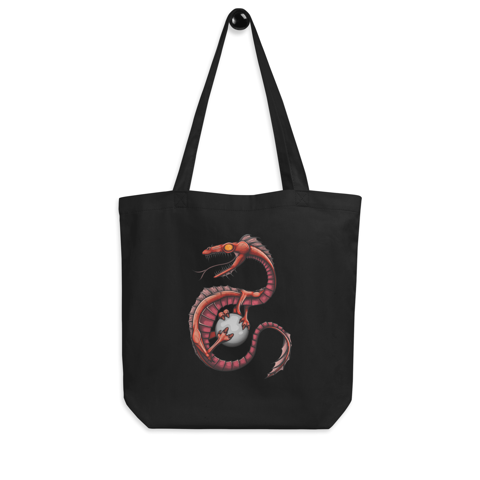 black tote bag with cool red cartoon dragon