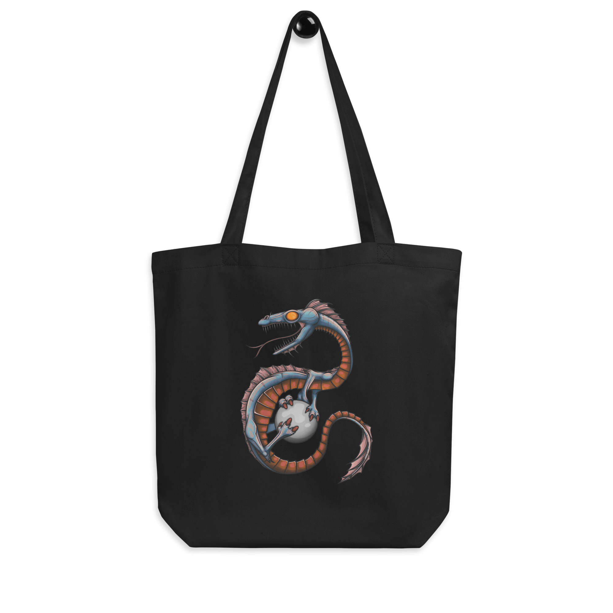 black tote bag with cool blue cartoon dragon